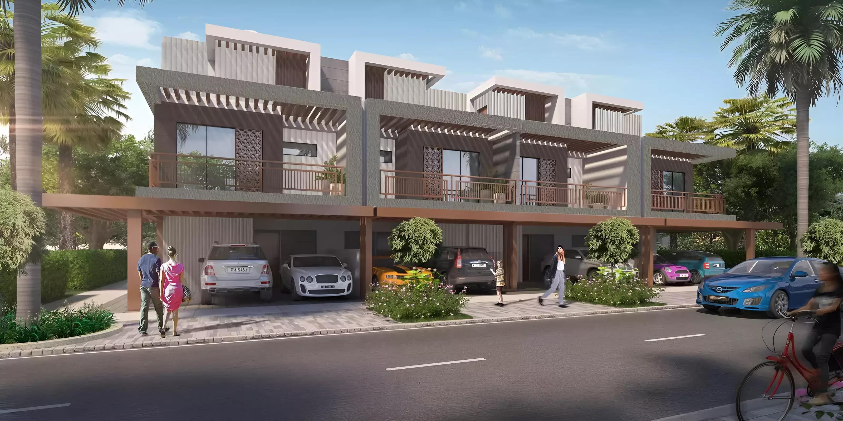 Verona townhouse row facing community street, DAMAC Hills, Dubai