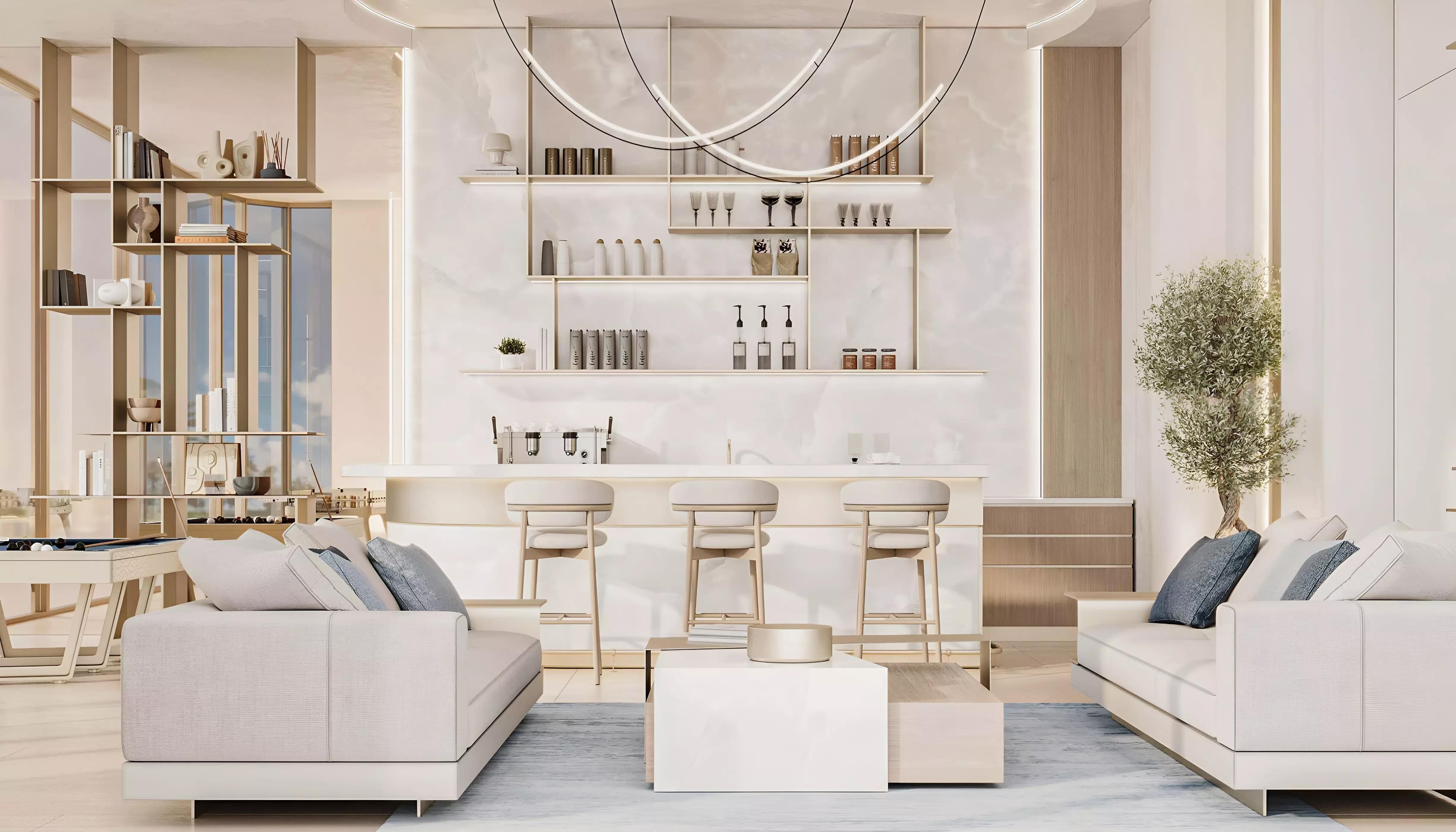 Interior living space finish in a Cove Edition 6 apartment, Dubai Land Residence Complex