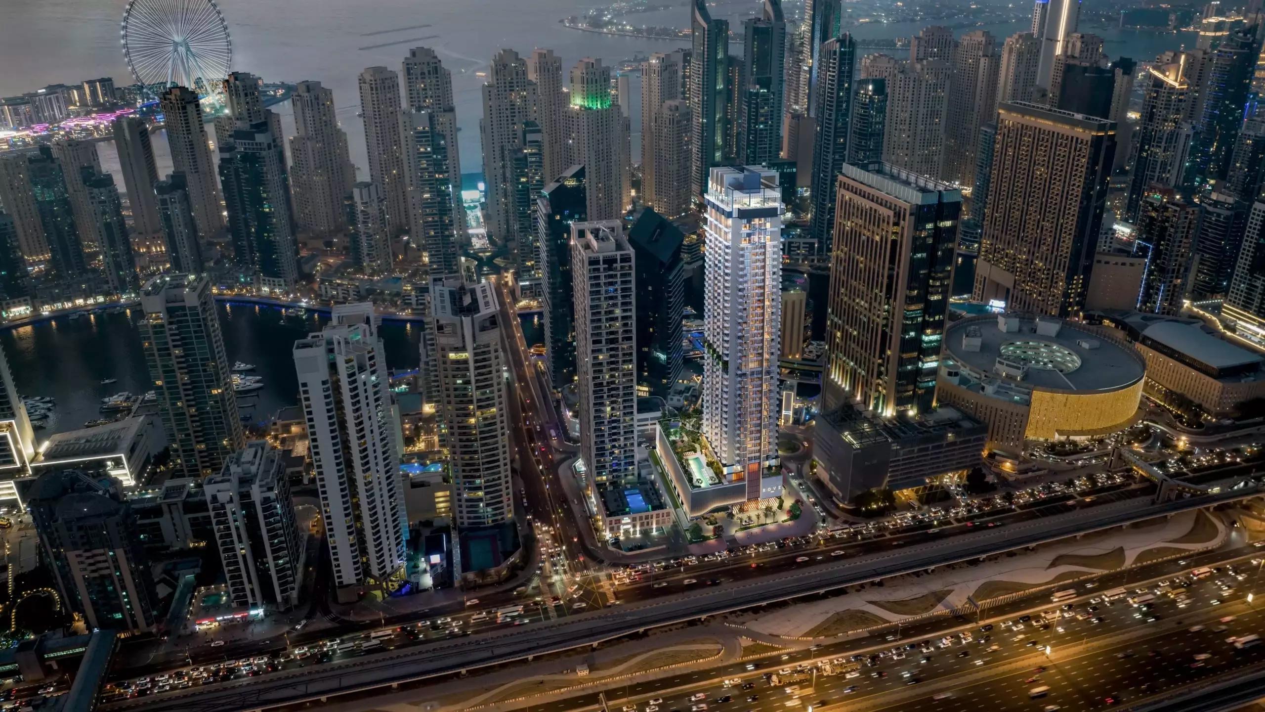Exterior facade render of Rove Home Dubai Marina tower by IRTH Development