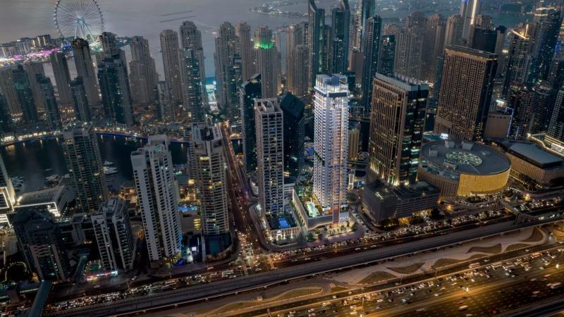 Exterior facade render of Rove Home Dubai Marina tower by IRTH Development