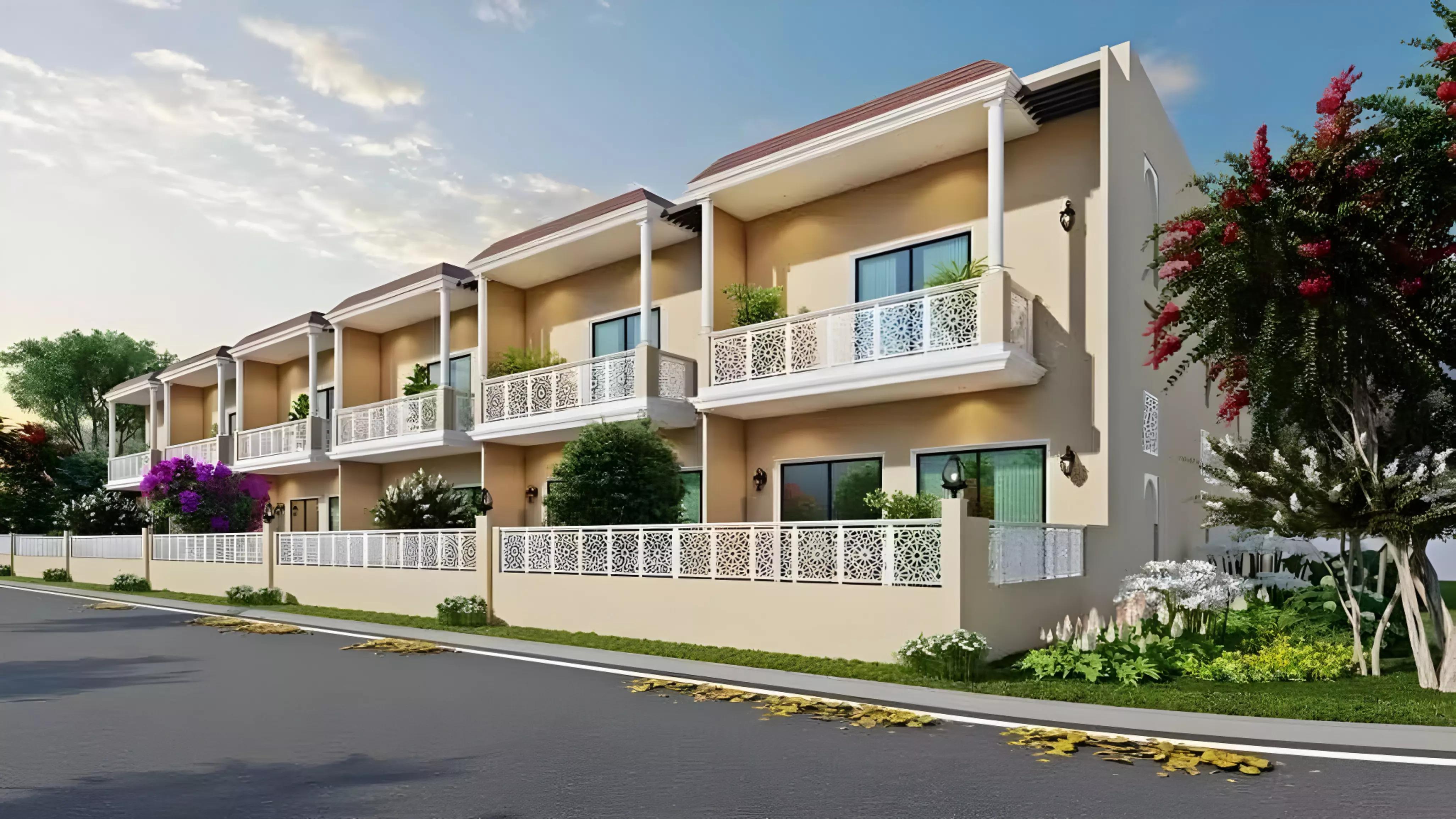 Townhouse facade and landscaped surroundings at Purvanchal Townhouse, Al Furjan, Dubai