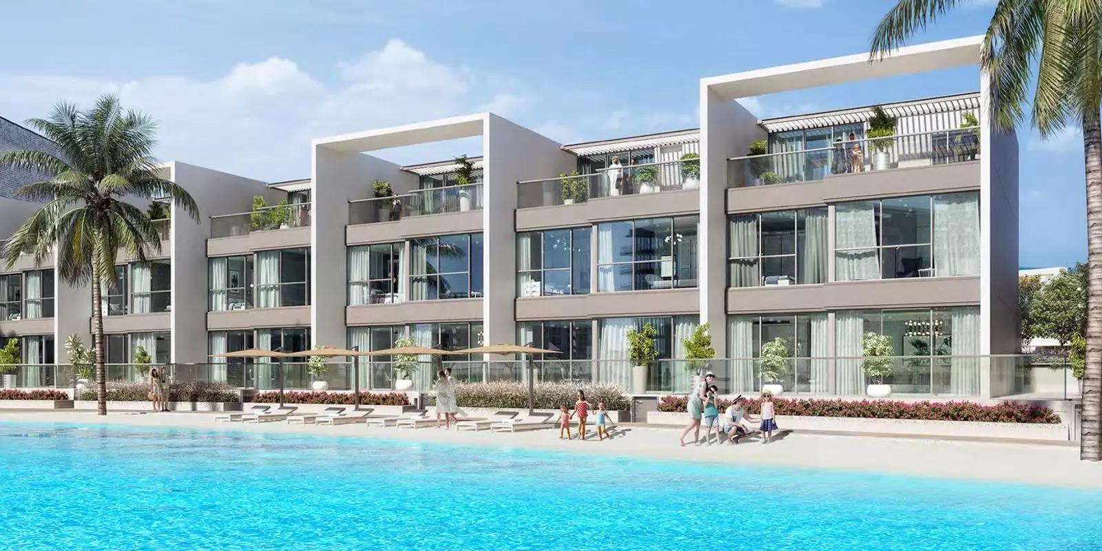 Lagoon Views apartment building exterior with lagoon frontage, District One, MBR City, Dubai