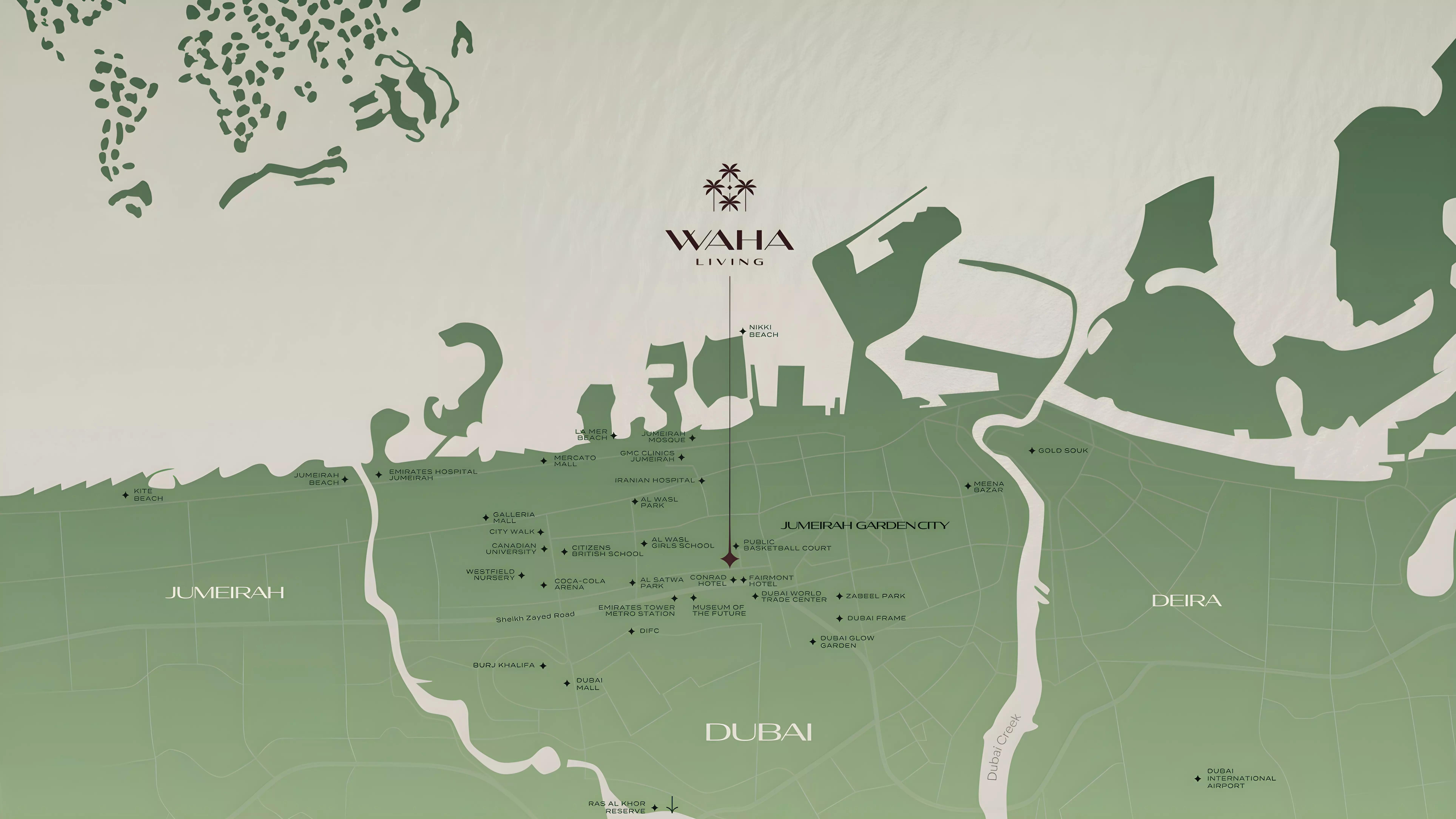 Master plan layout of the Waha Living development in Jumeirah Garden City, Dubai