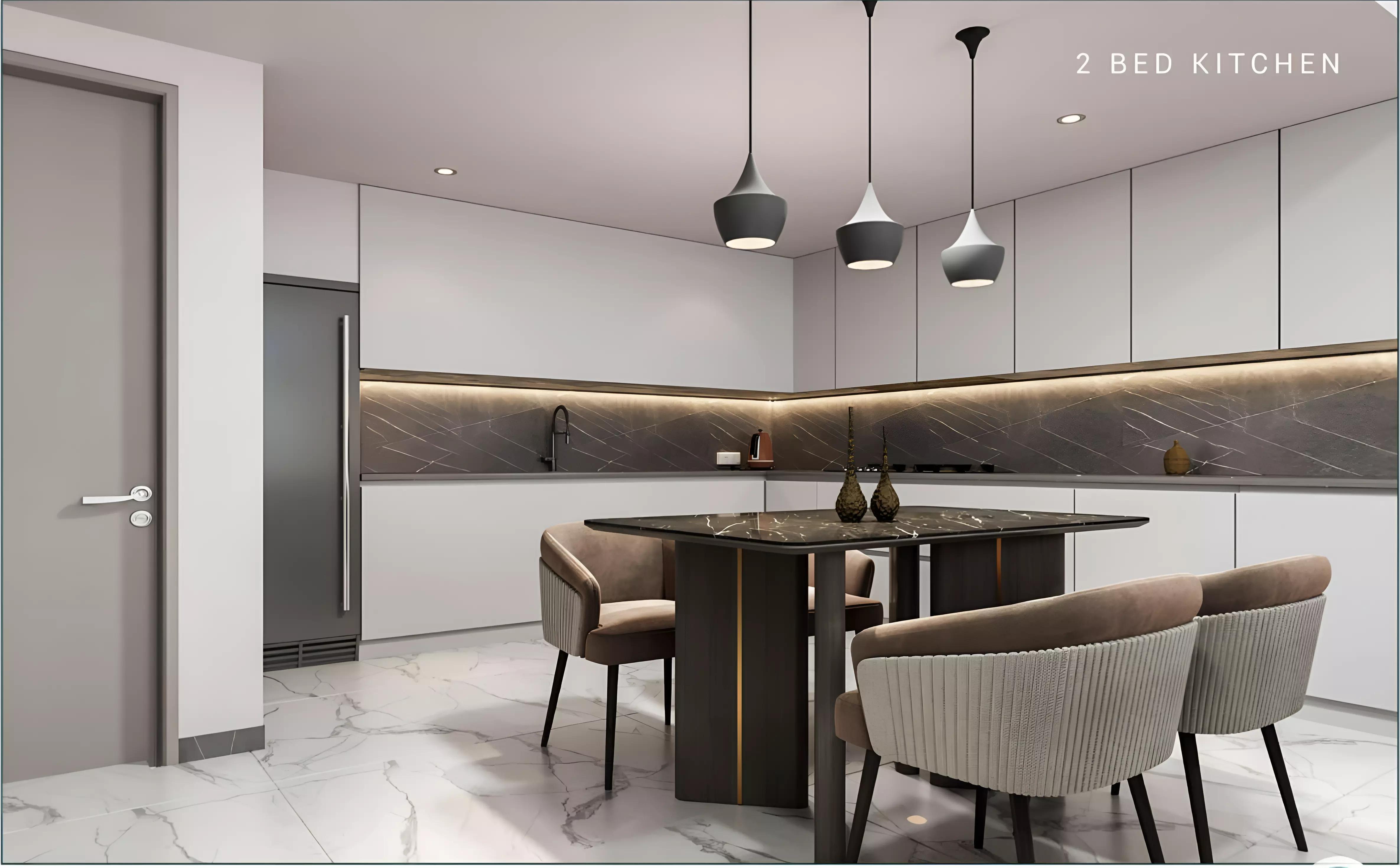 Milos by Karma interior kitchen and dining area rendering, Dubai