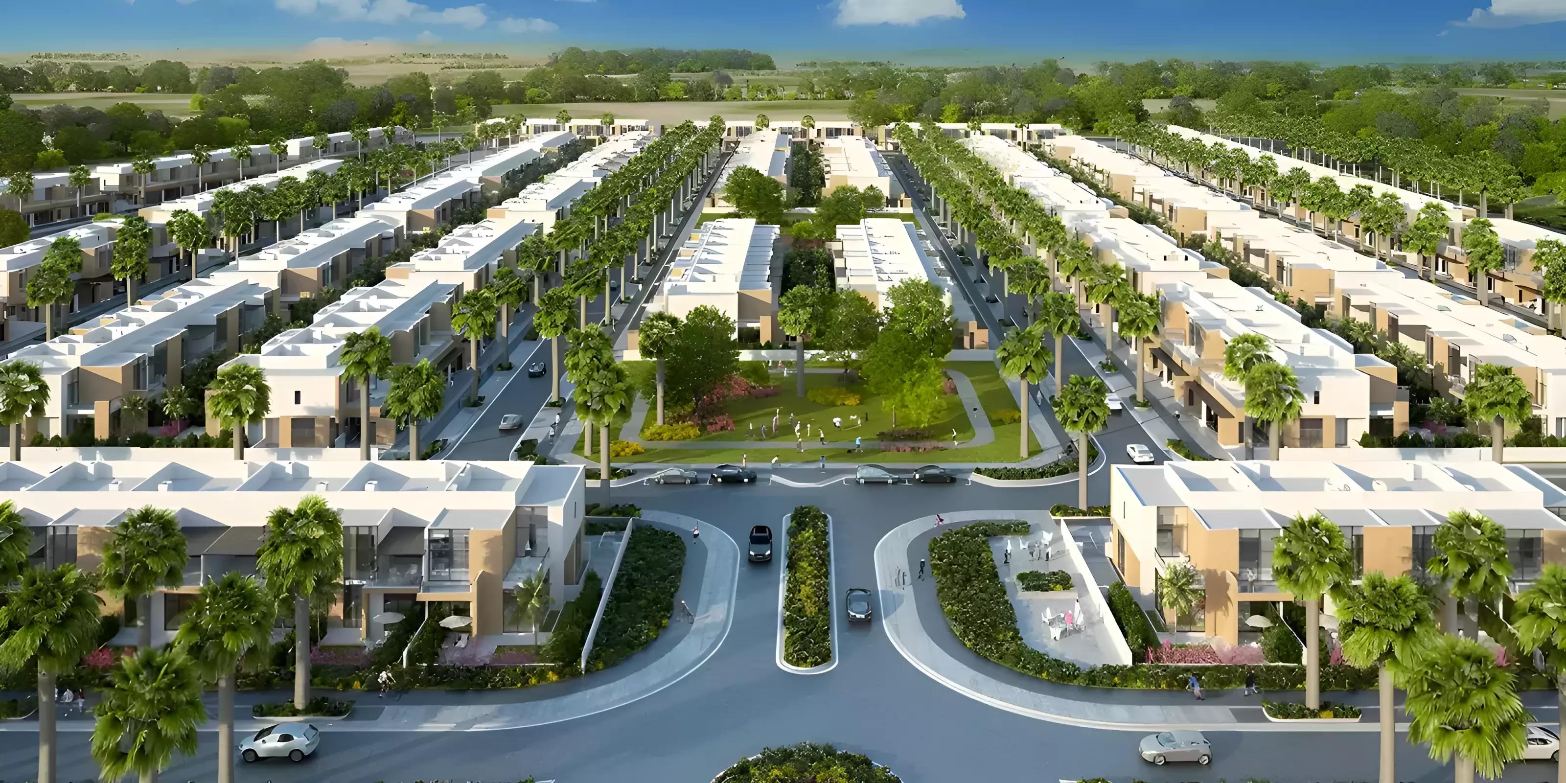 Exterior street view of townhouses at Senses at The Fields, MBR City, Dubai
