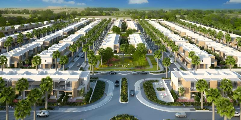 Exterior street view of townhouses at Senses at The Fields, MBR City, Dubai