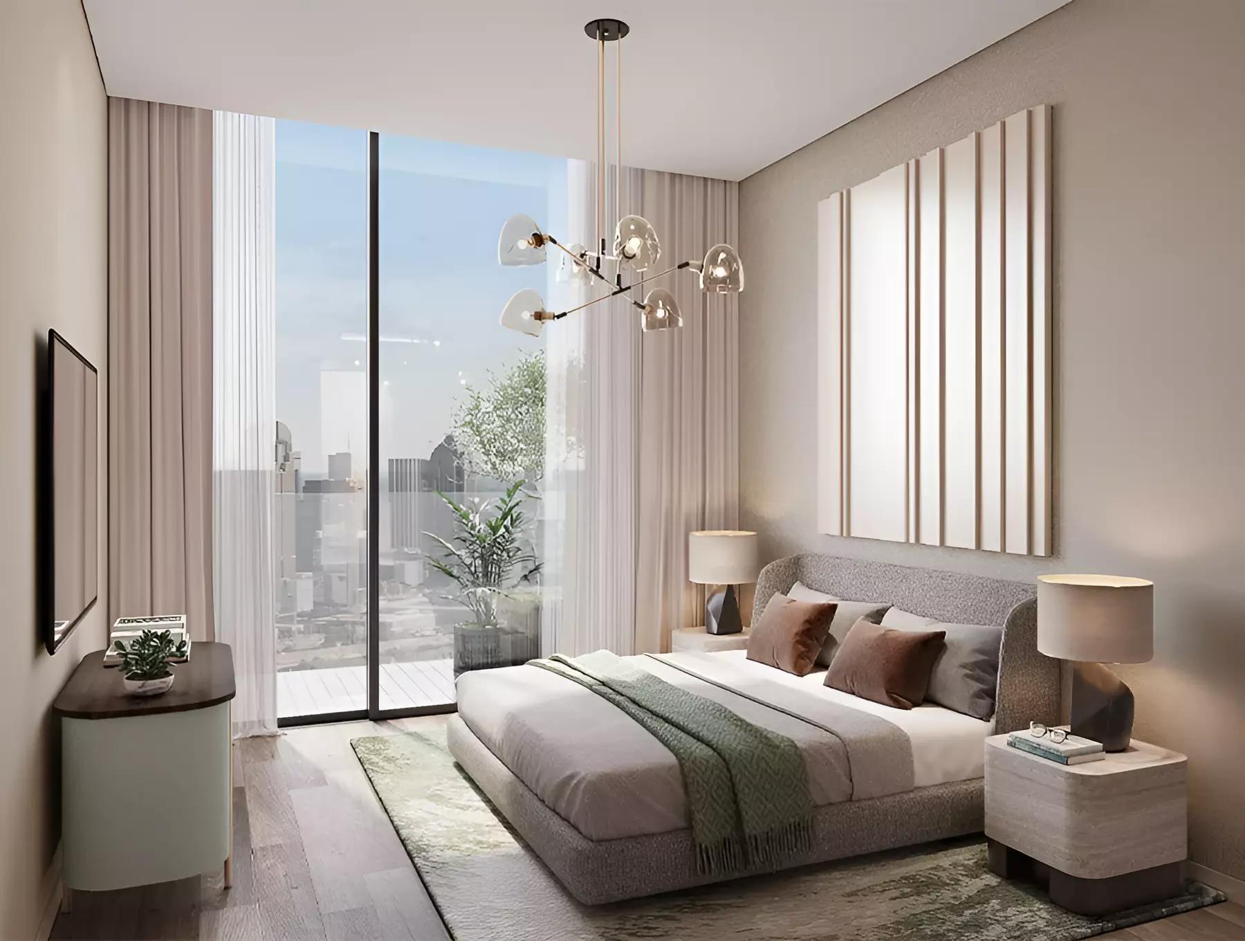 Marriott Residences By Saba bedroom interior with lake-facing window, Dubai
