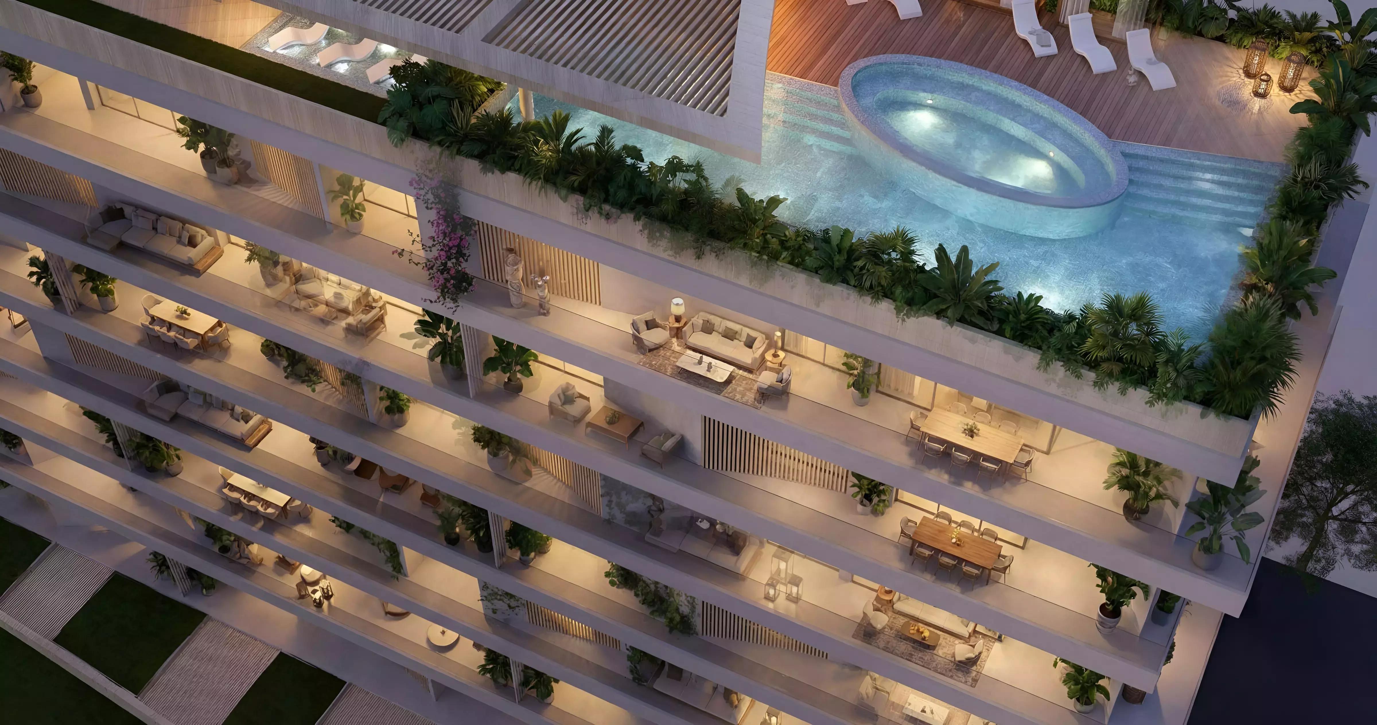 Shore at Lunaya Terraces landscaped garden and pool area, Jebel Ali, Dubai
