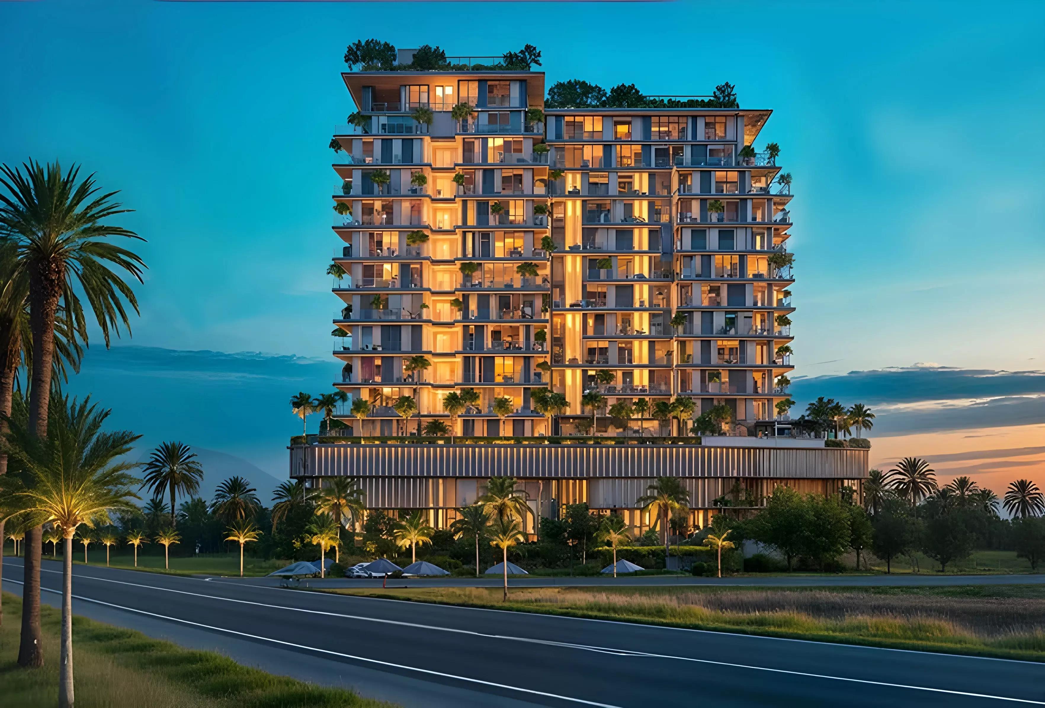 Octa Isle Interiors building facade and amenity deck, Dubai Islands