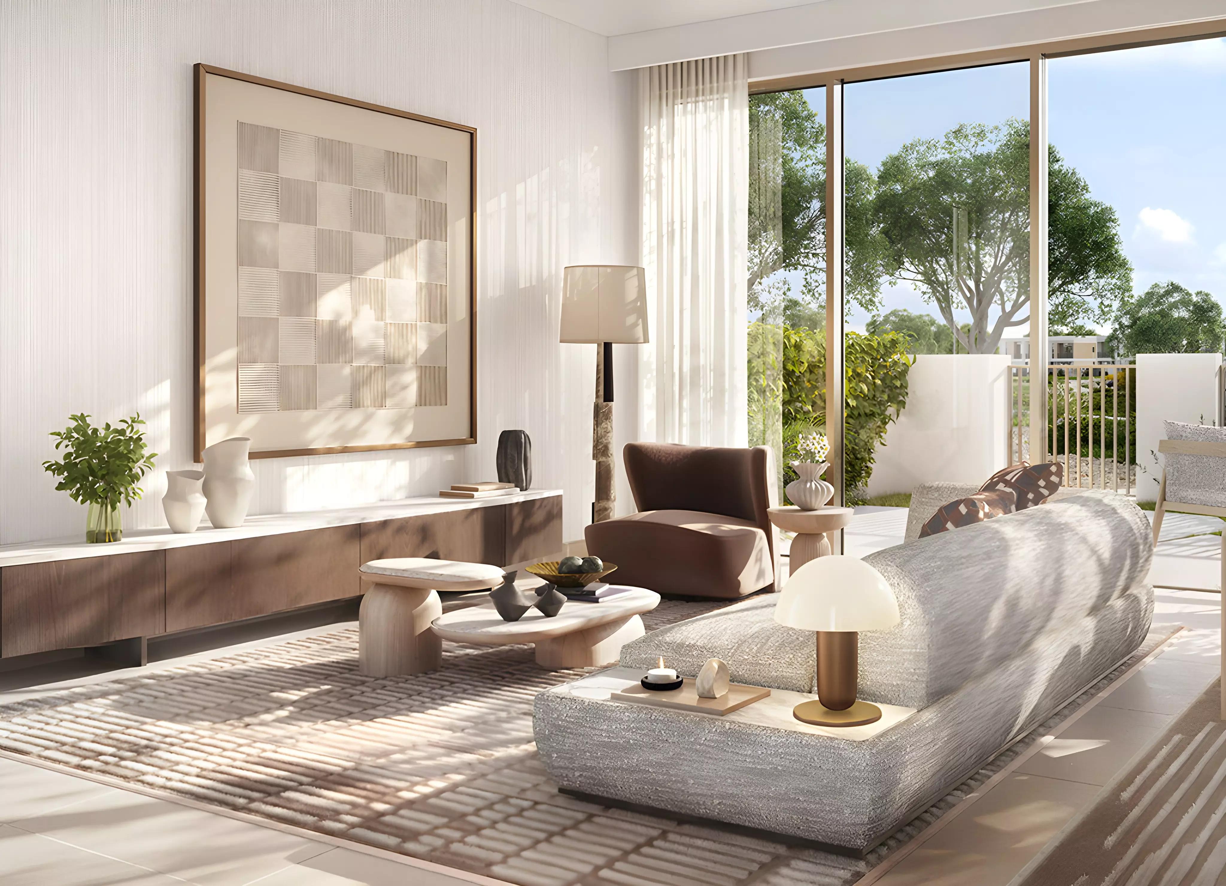 Vindera townhouse courtyard and outdoor seating, The Valley, Dubai