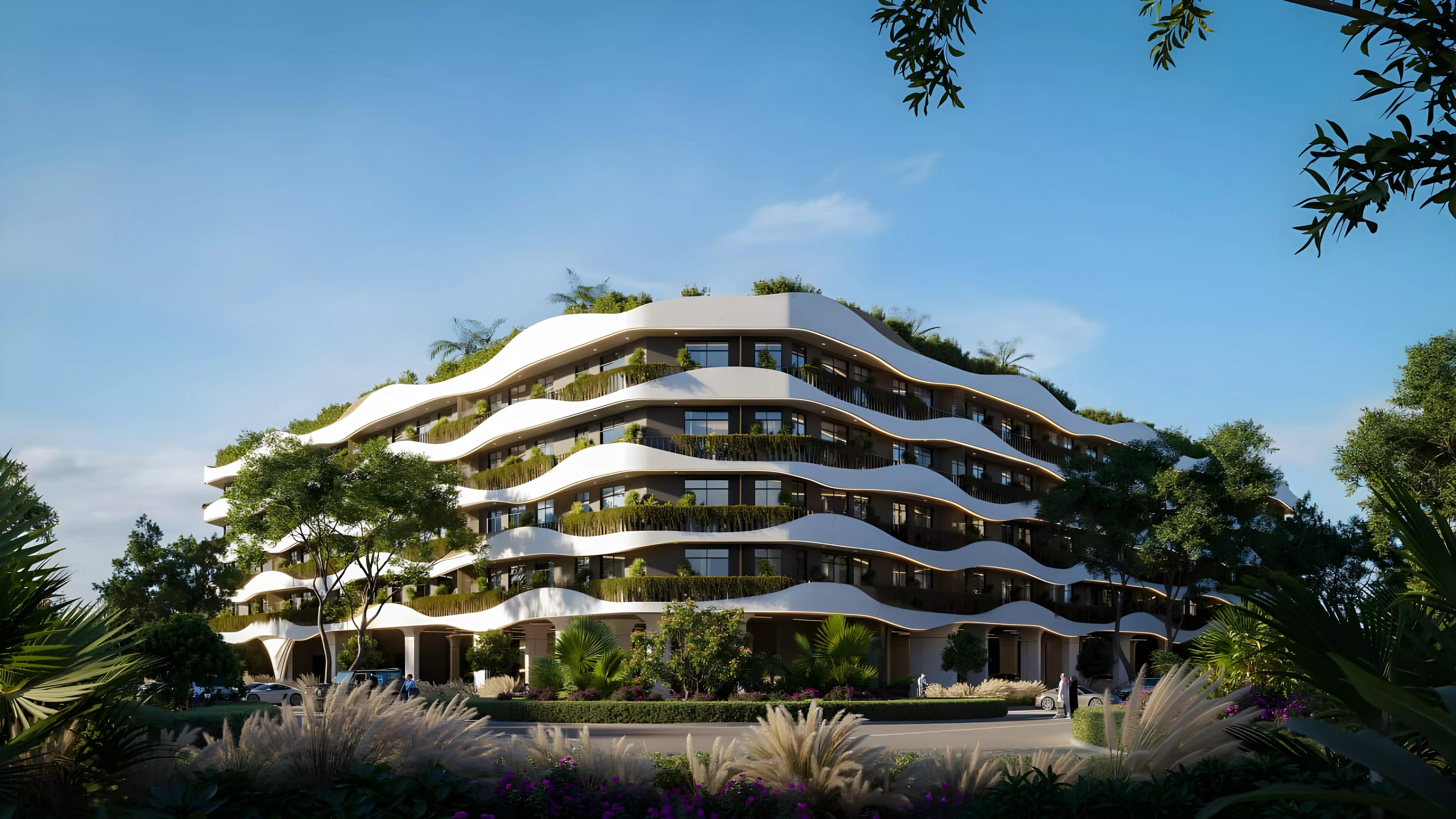 Oasis Residences swimming pool and outdoor deck, Dubai South