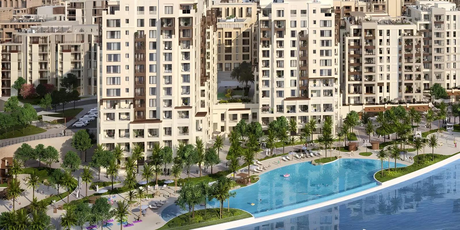 Cedar Creek Beach building elevation with landscaping, Dubai Creek Harbour