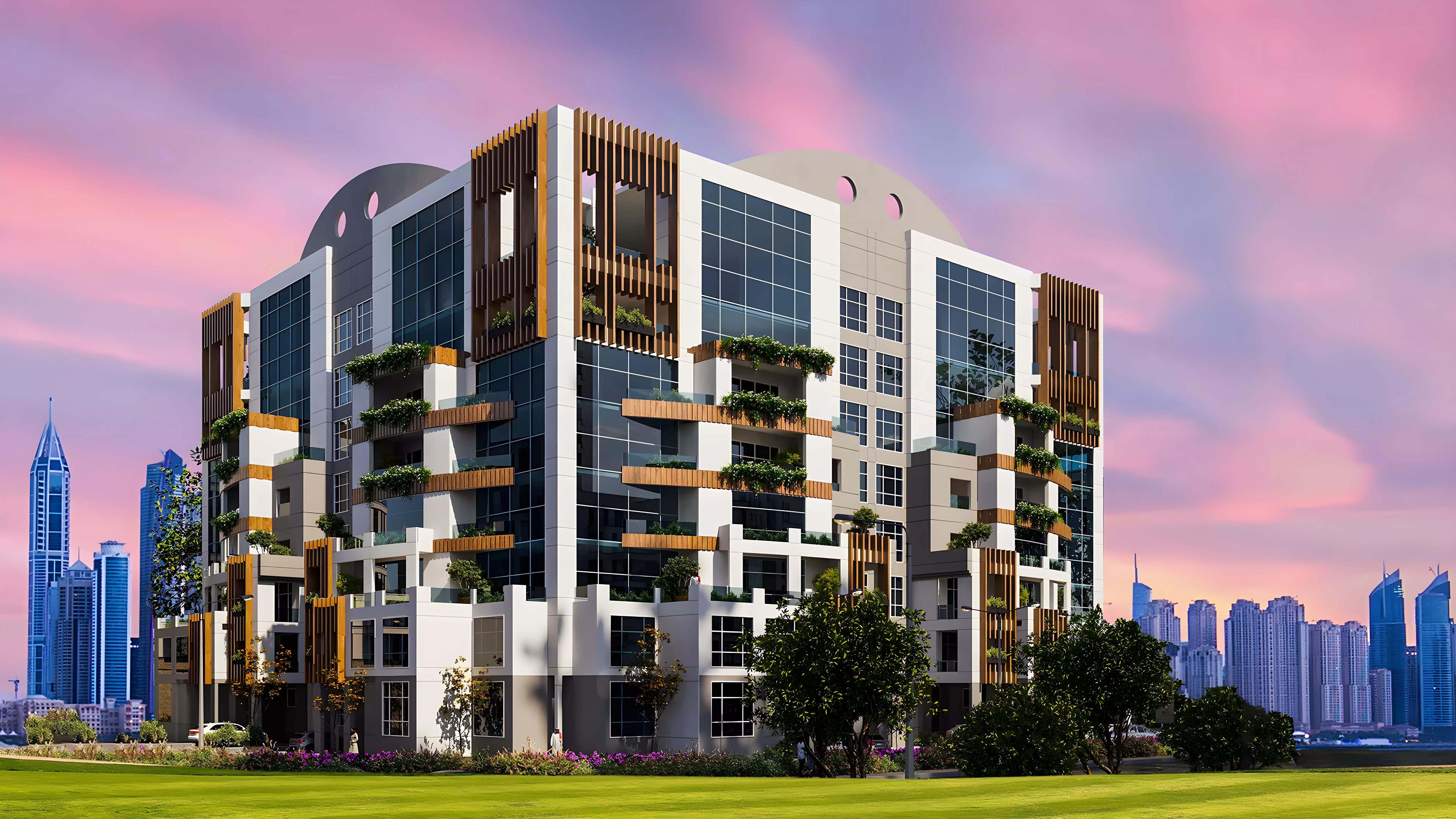 Exterior render of Aurum by Meteora residential tower in Al Sufouh, Dubai