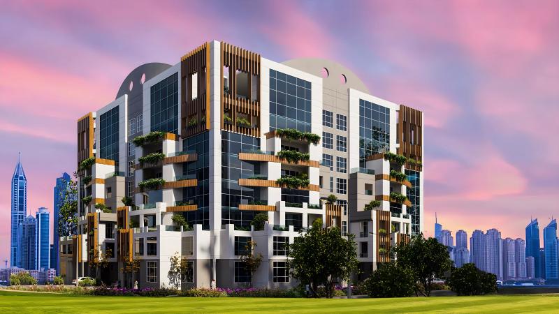 Exterior render of Aurum by Meteora residential tower in Al Sufouh, Dubai