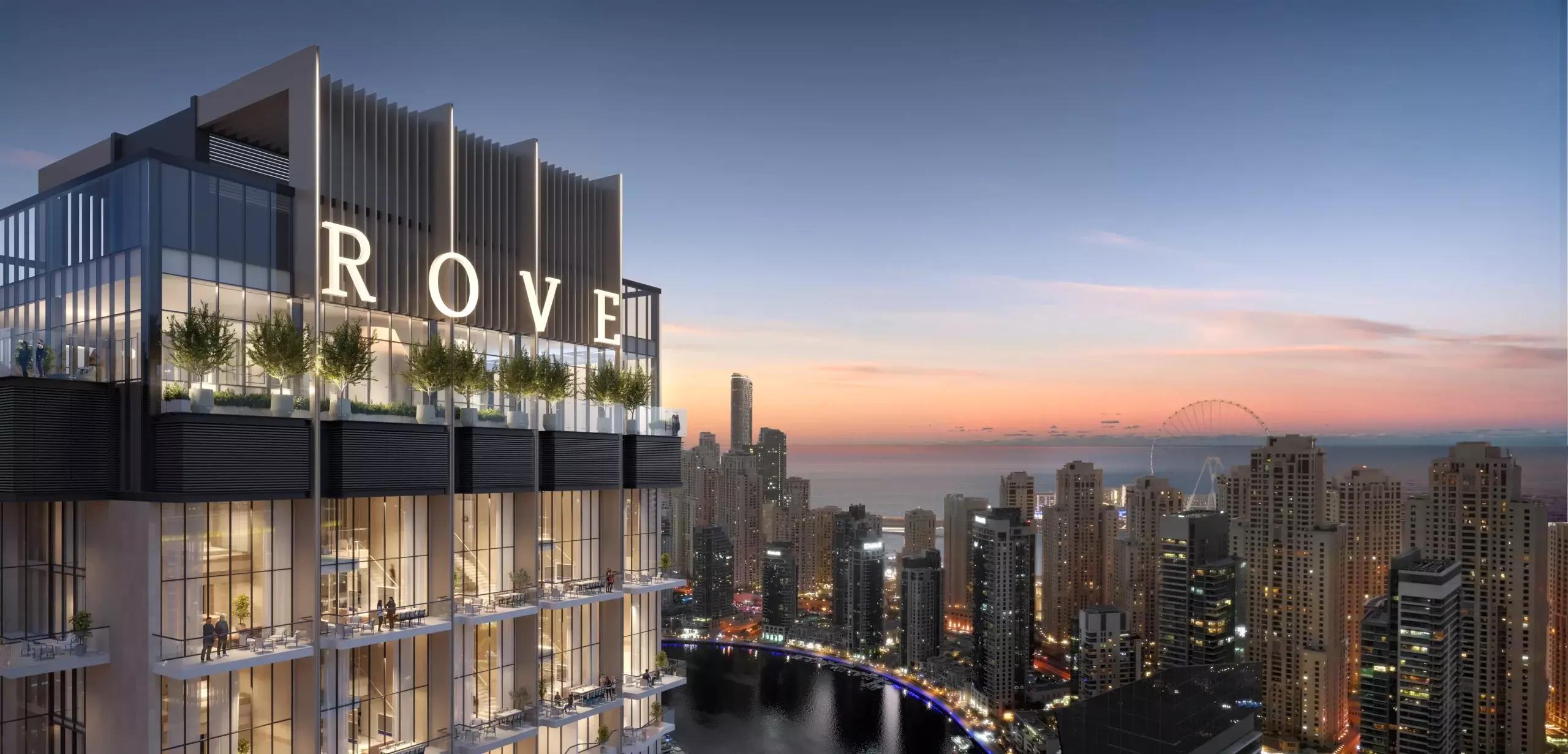 Infinity pool deck at Rove Home Dubai Marina overlooking the skyline