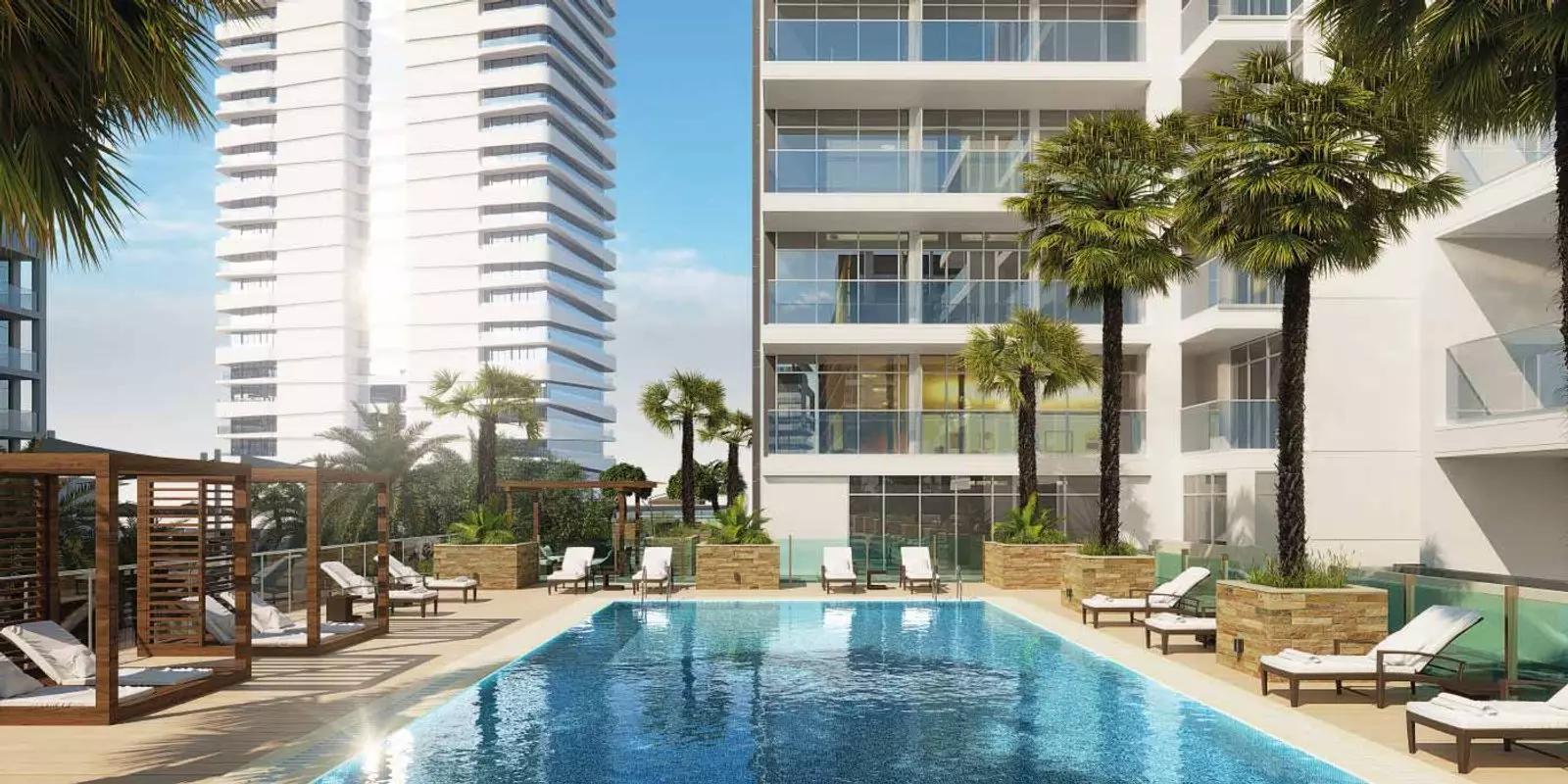 Shared swimming pool deck at Azizi Riviera 63, Meydan One, Dubai