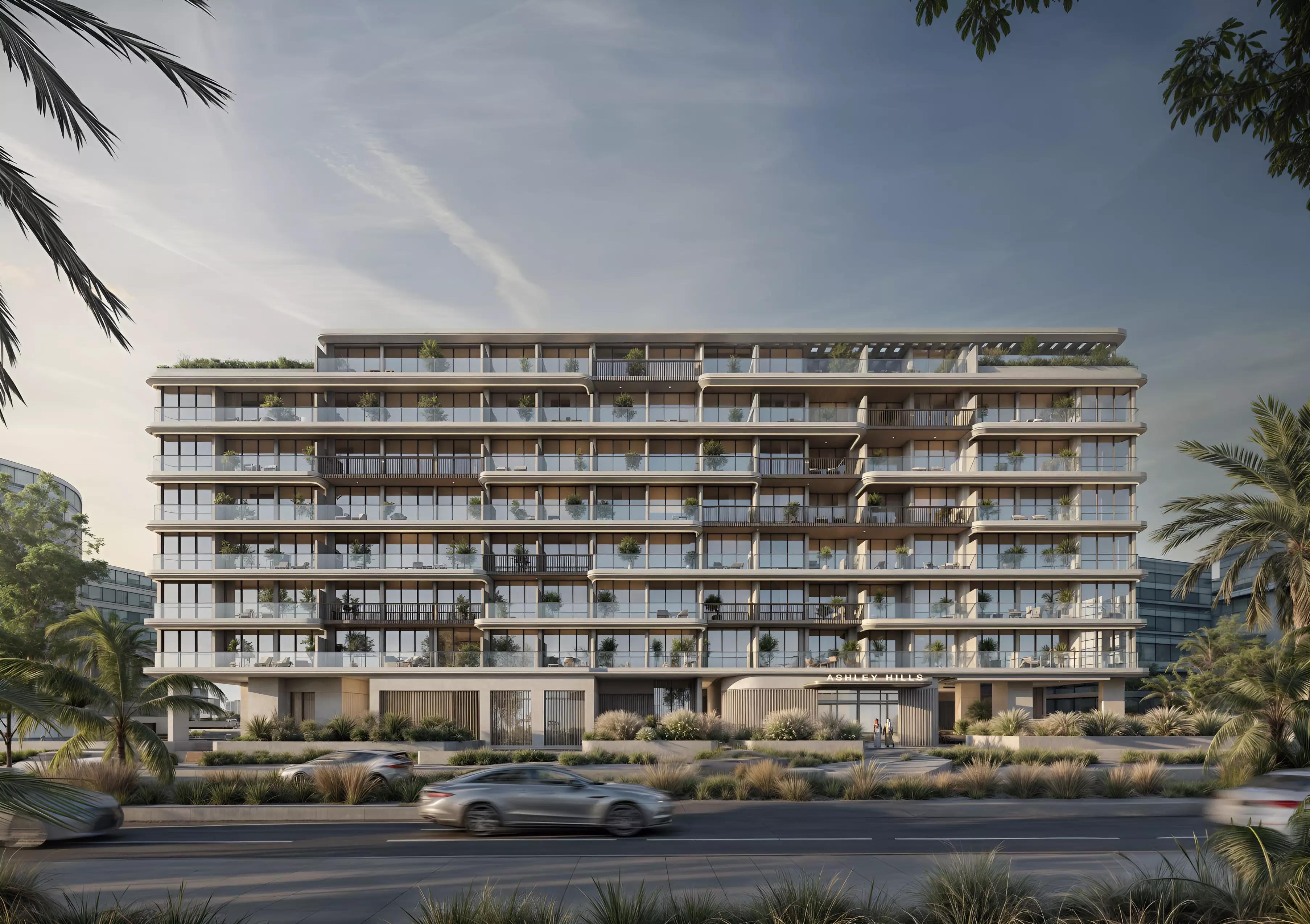 Ashley Hills building elevation and entrance, Arjan, Dubai
