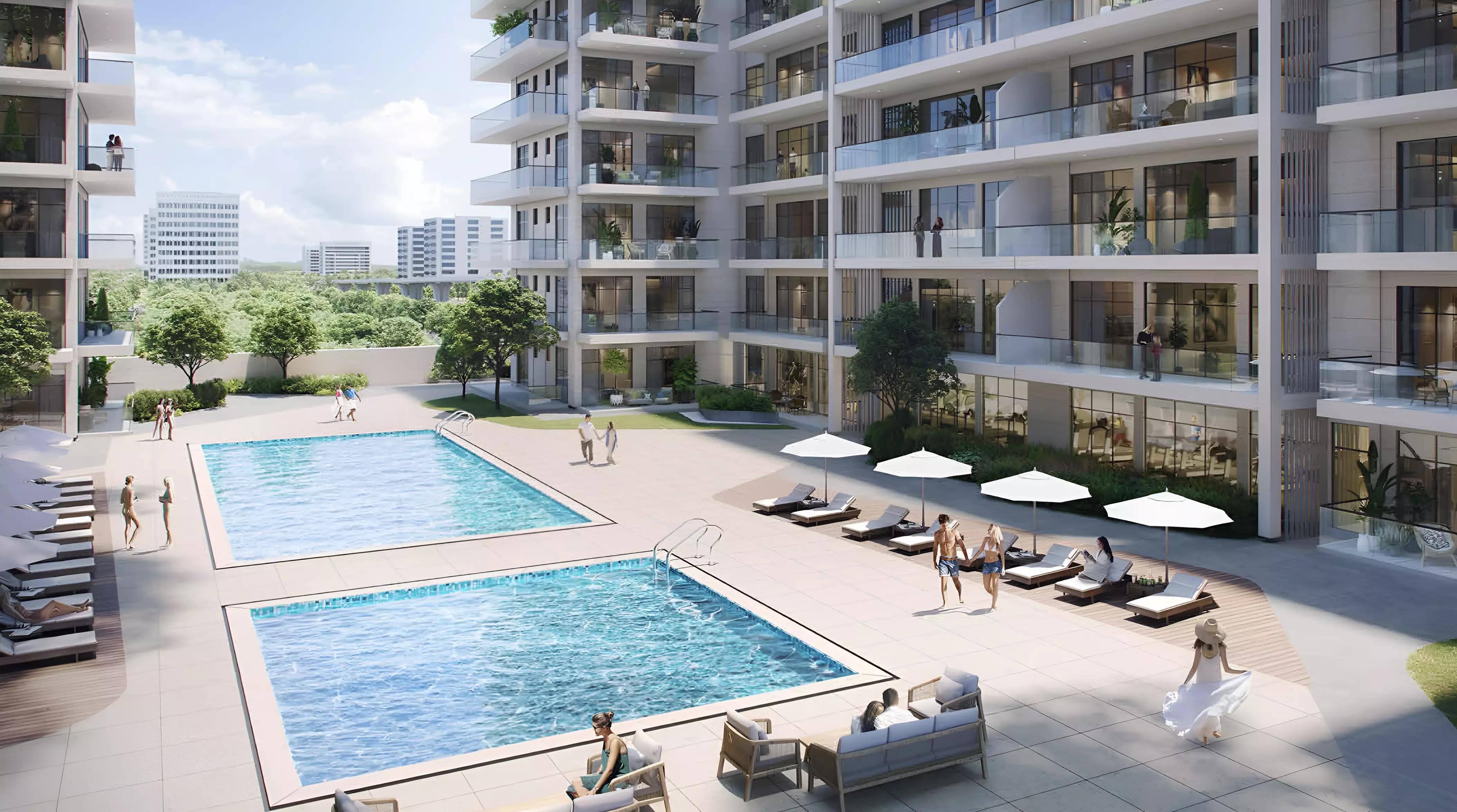 Equiti Garden residential facade and landscaped entrance, Al Furjan