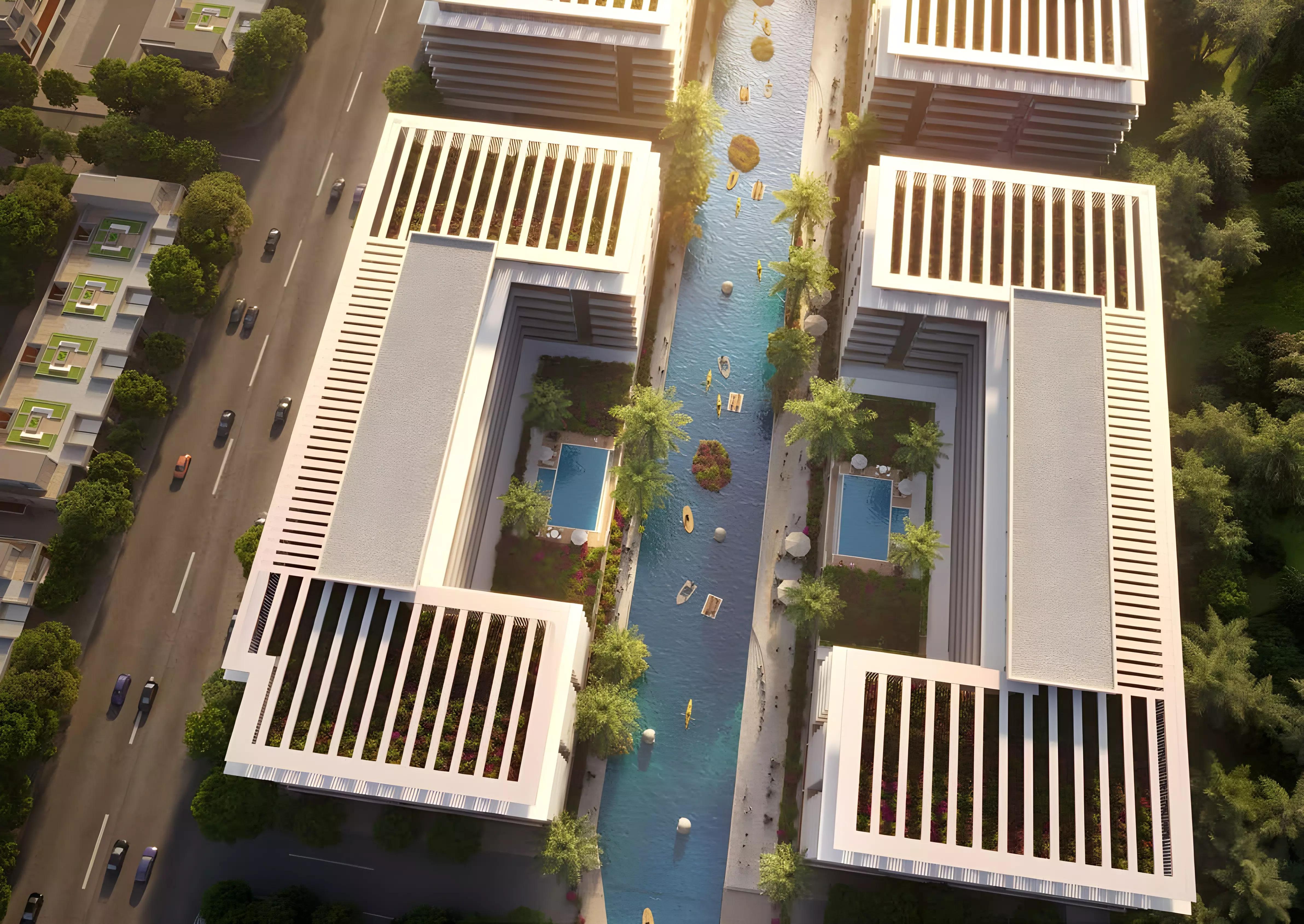 Riverside Views Marine 1 landscaped grounds and pathways, Damac Riverside, Dubai