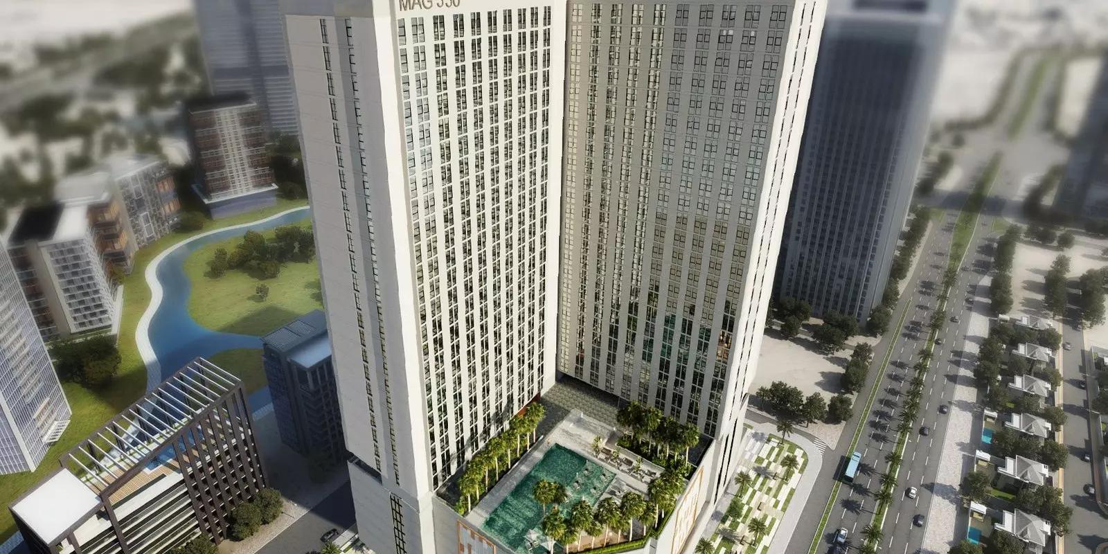 Mag 330 residential tower exterior in City of Arabia, Dubai