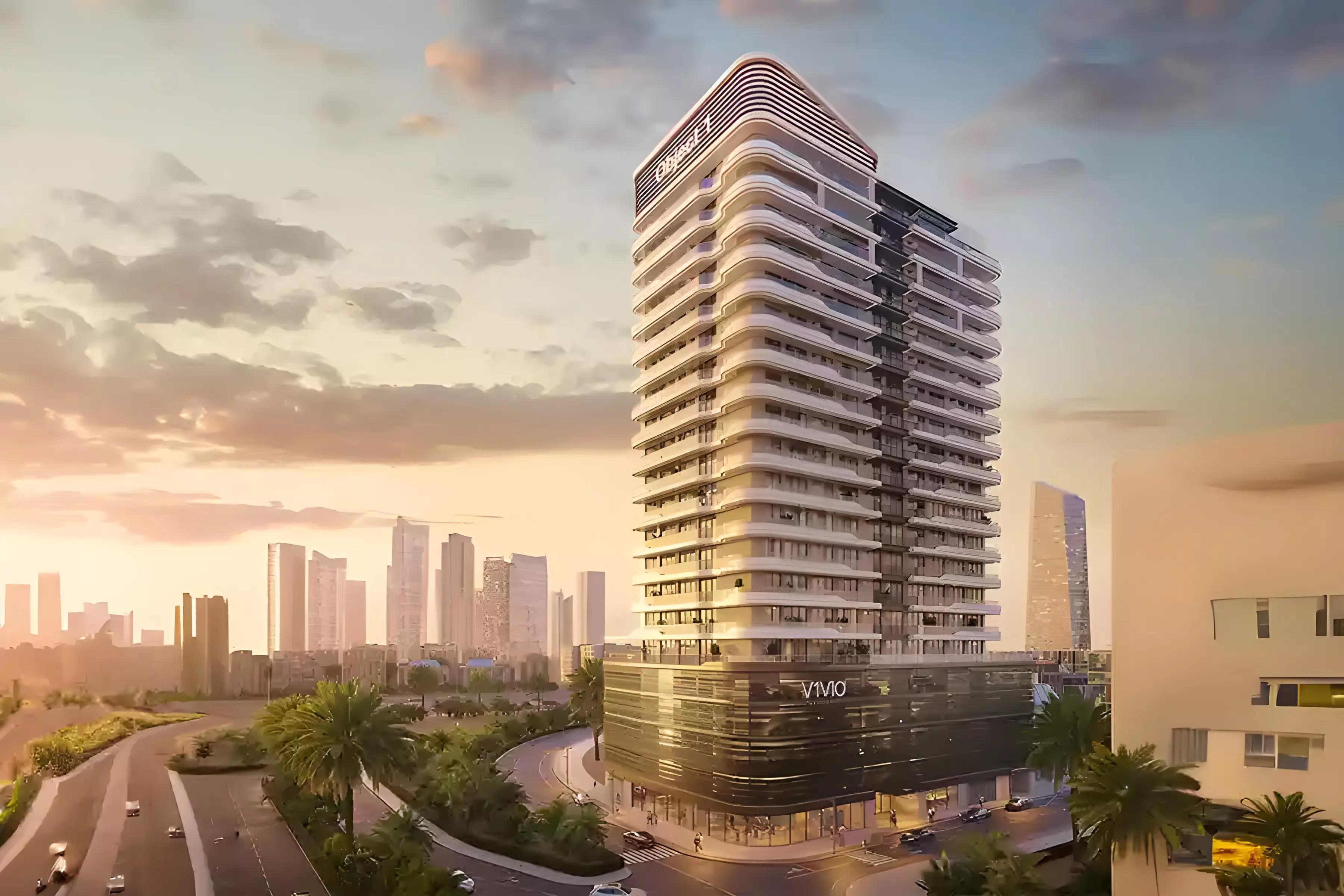 Exterior view of V1VID Residence tower facade in Jumeirah Village Triangle, Dubai