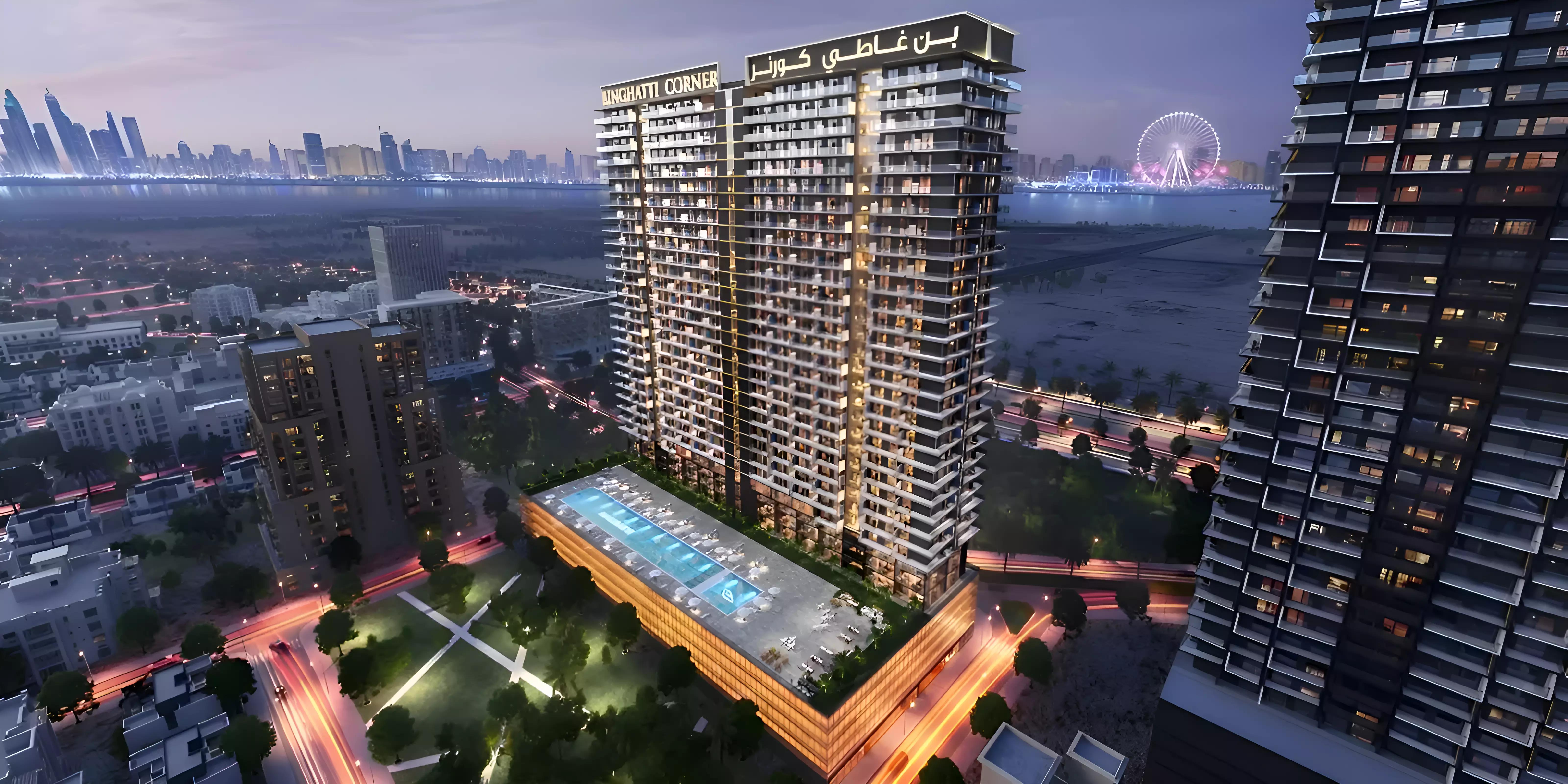 Binghatti Corner apartment building facade, Jumeirah Village Circle, Dubai
