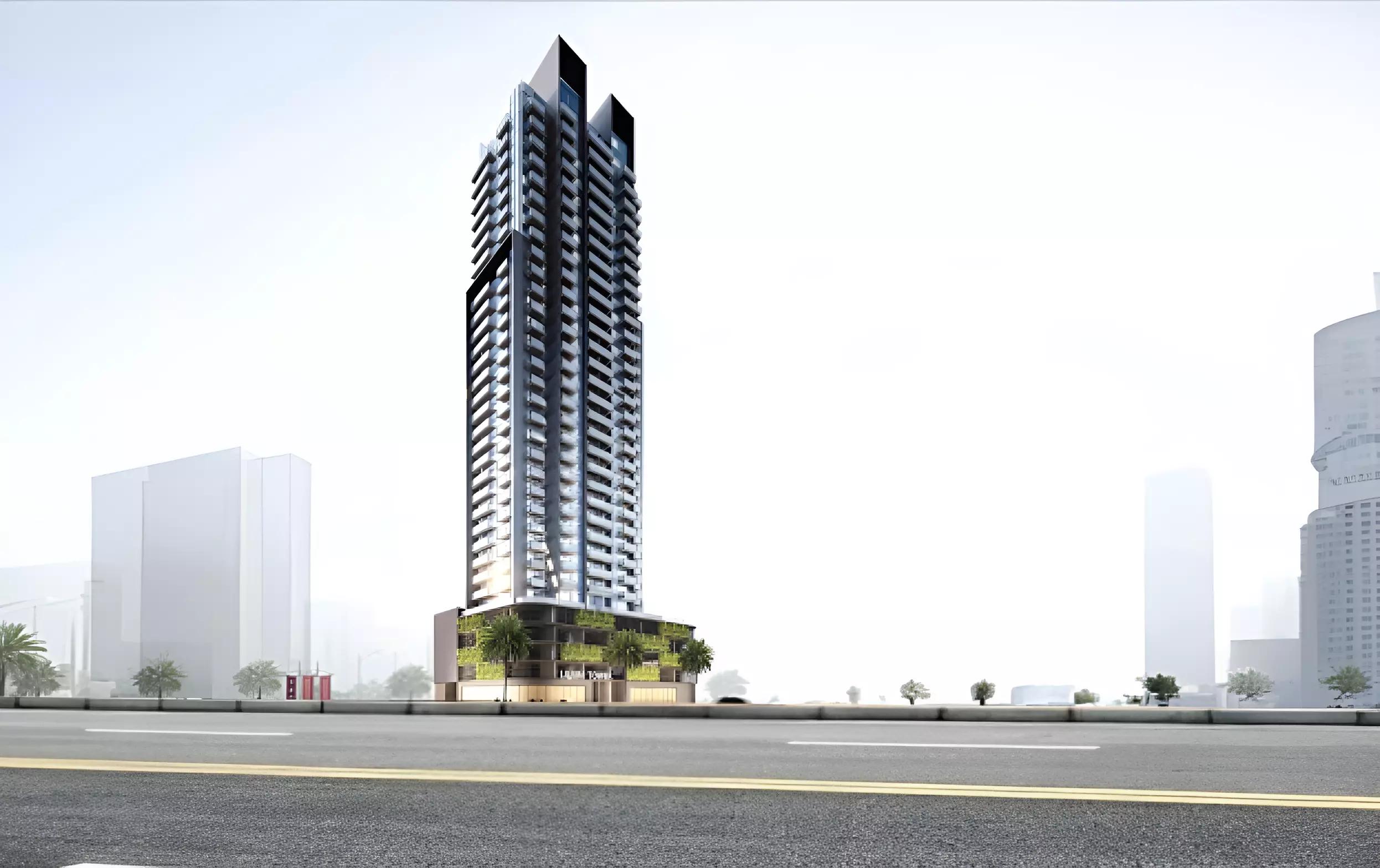 Exterior facade of Lilium Tower apartment building in Jumeirah Village Triangle, Dubai
