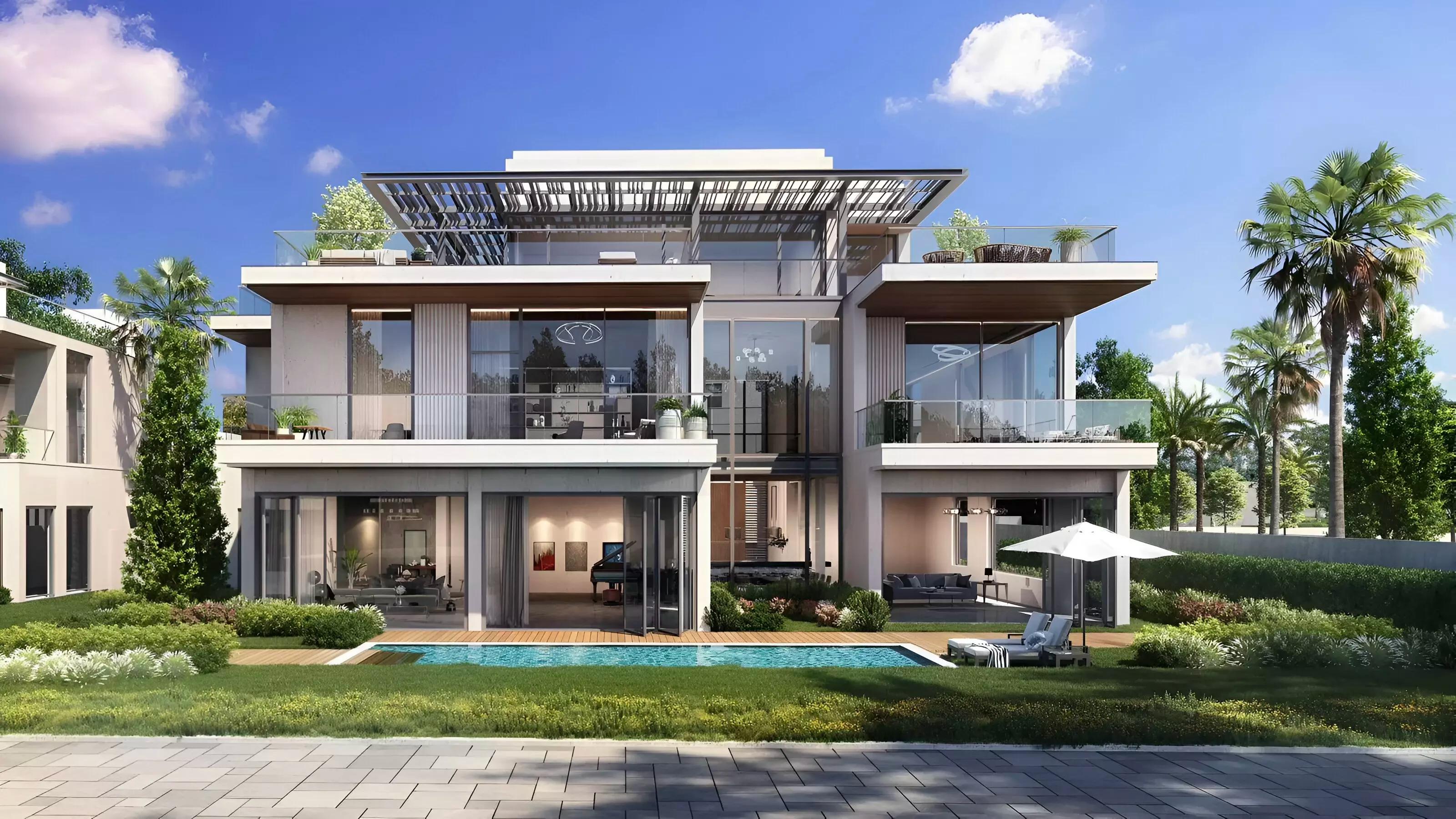 South Bay townhouse row along a community street, Dubai South, Dubai