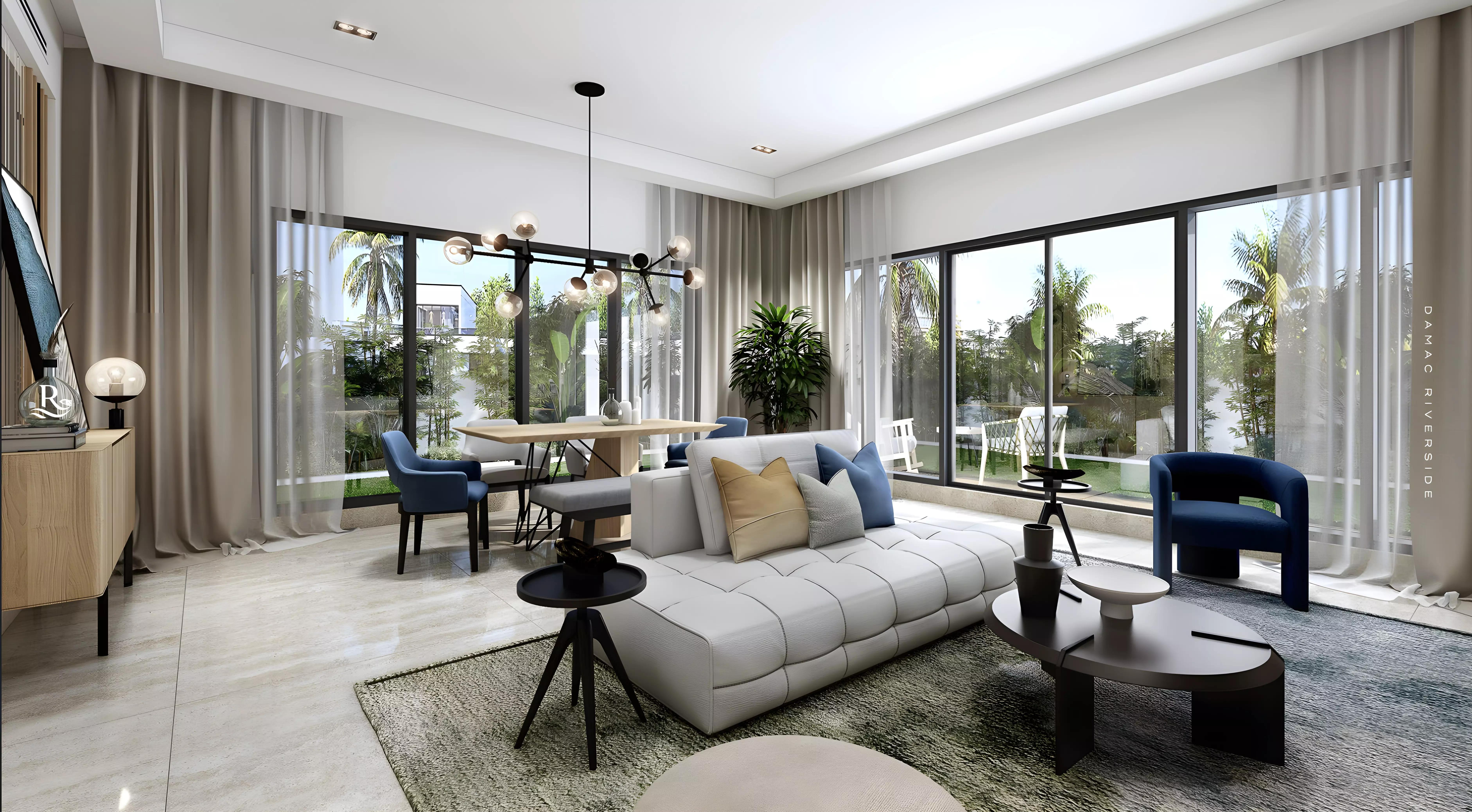 Riverside Views community street view with townhouse row, DIP 2, Dubai