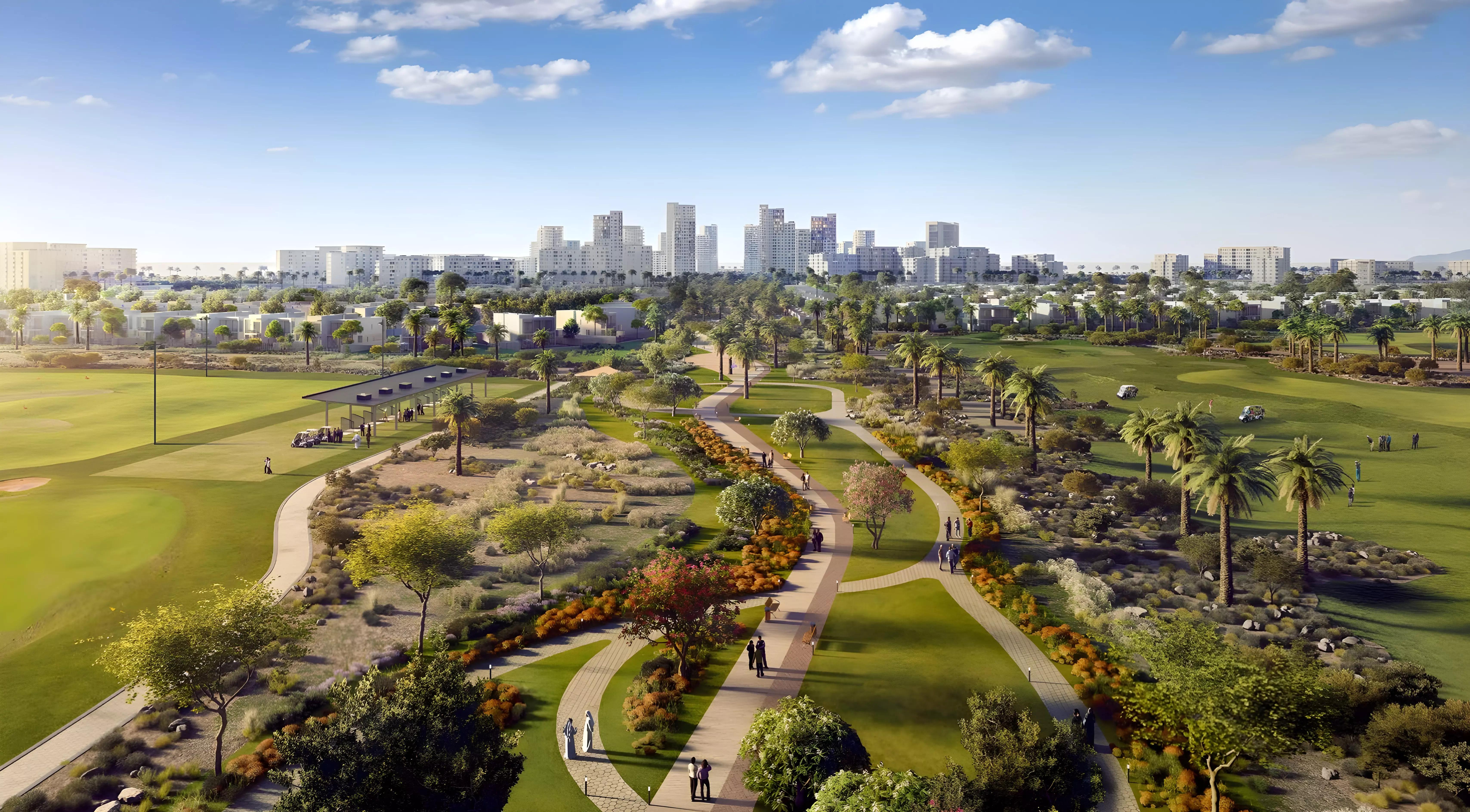 Golf Hills apartment building overlooking landscaped fairways, Emaar South