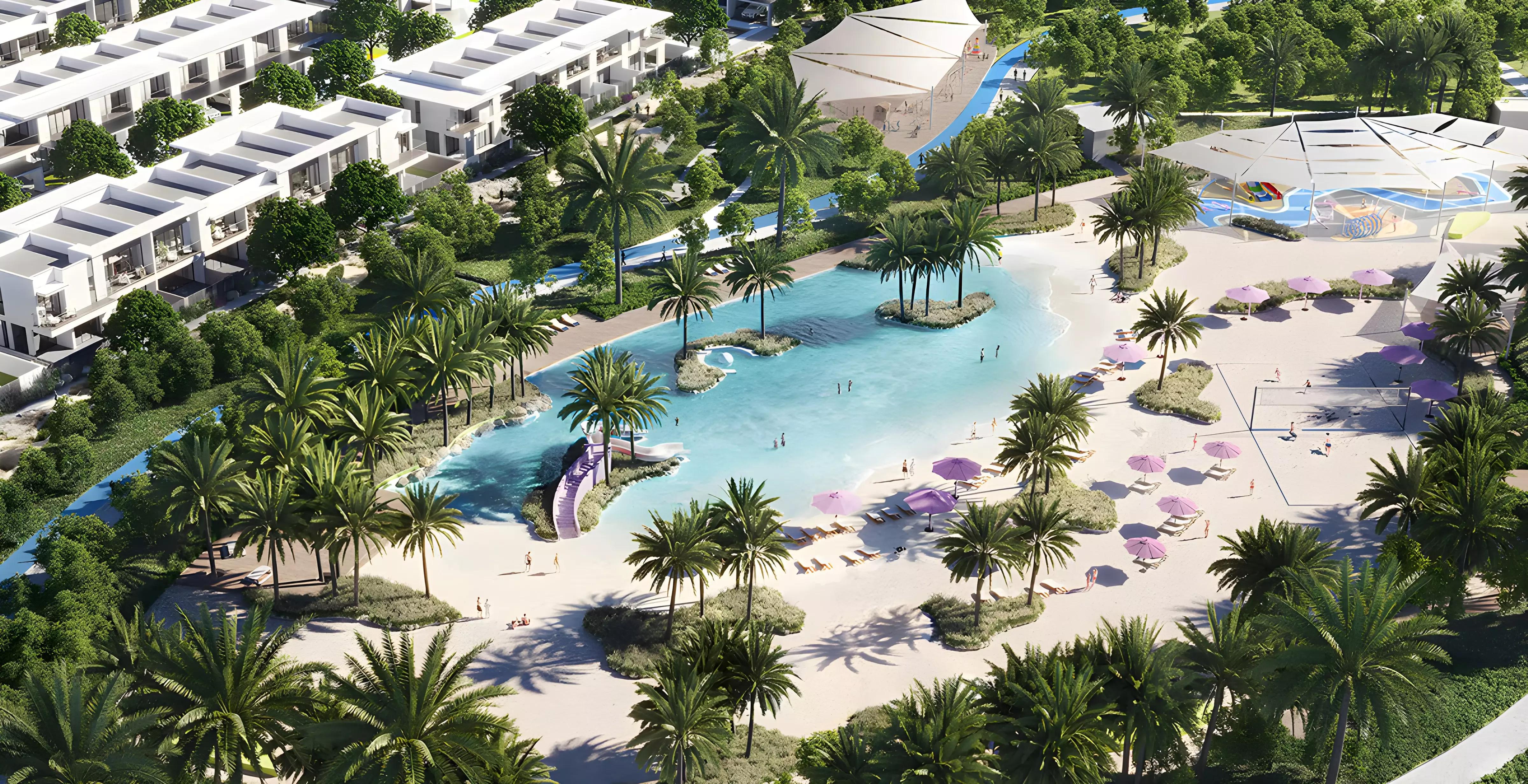 Lillia at The Valley townhouse street view with landscaping, Dubai
