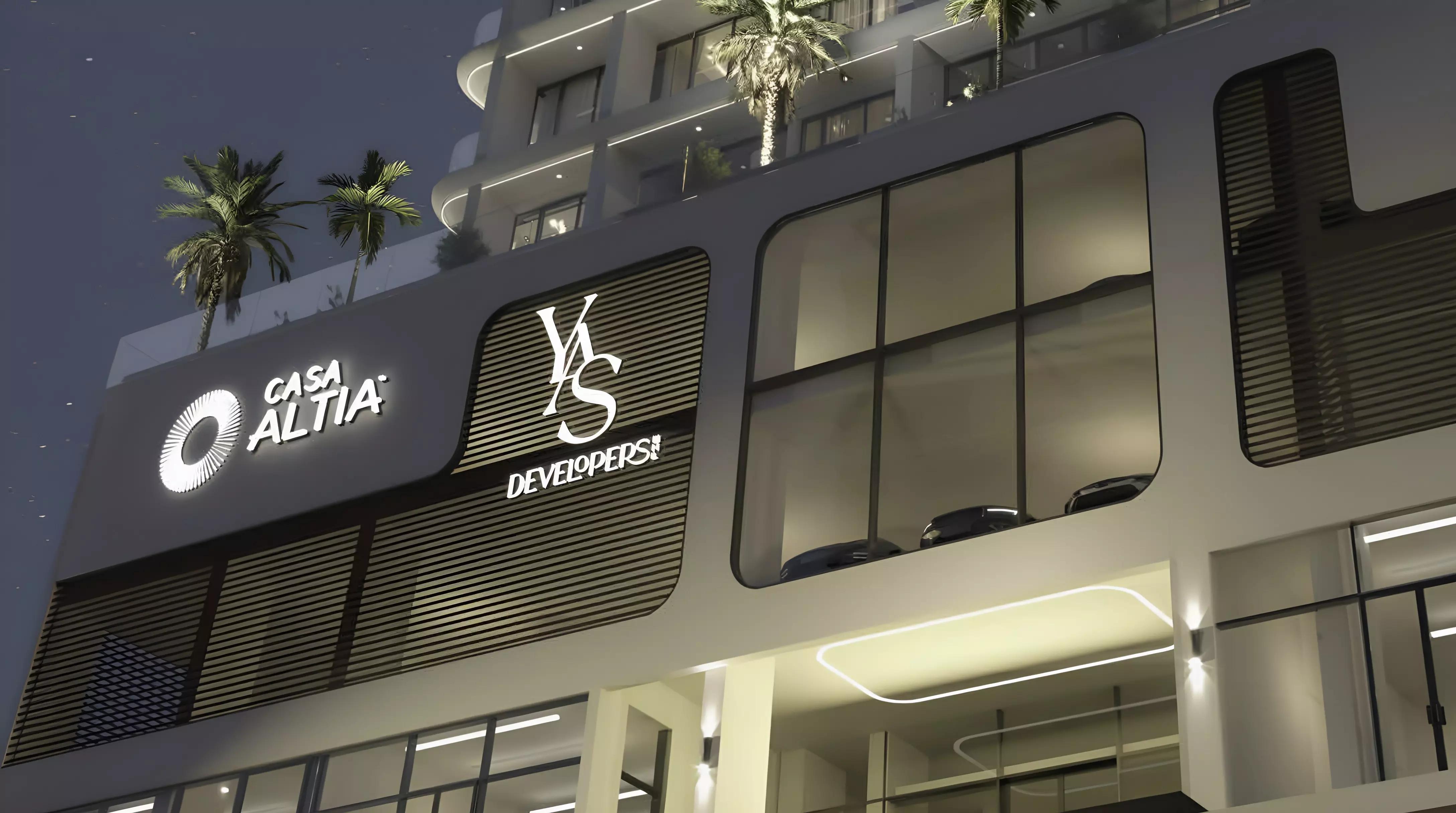 Casa Altia residential tower street-level view, Al Furjan, Dubai