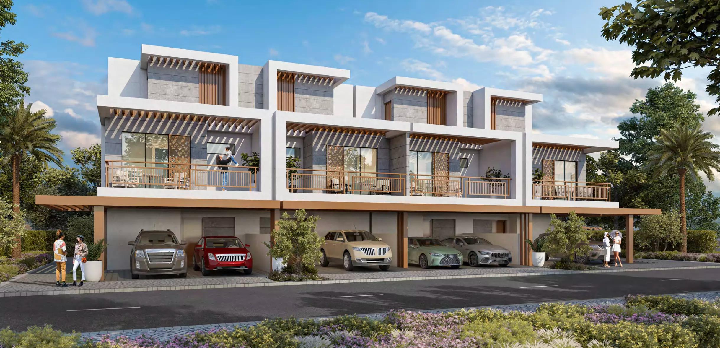 Natura townhouse exterior with landscaped front garden, Damac Hills 2, Dubai