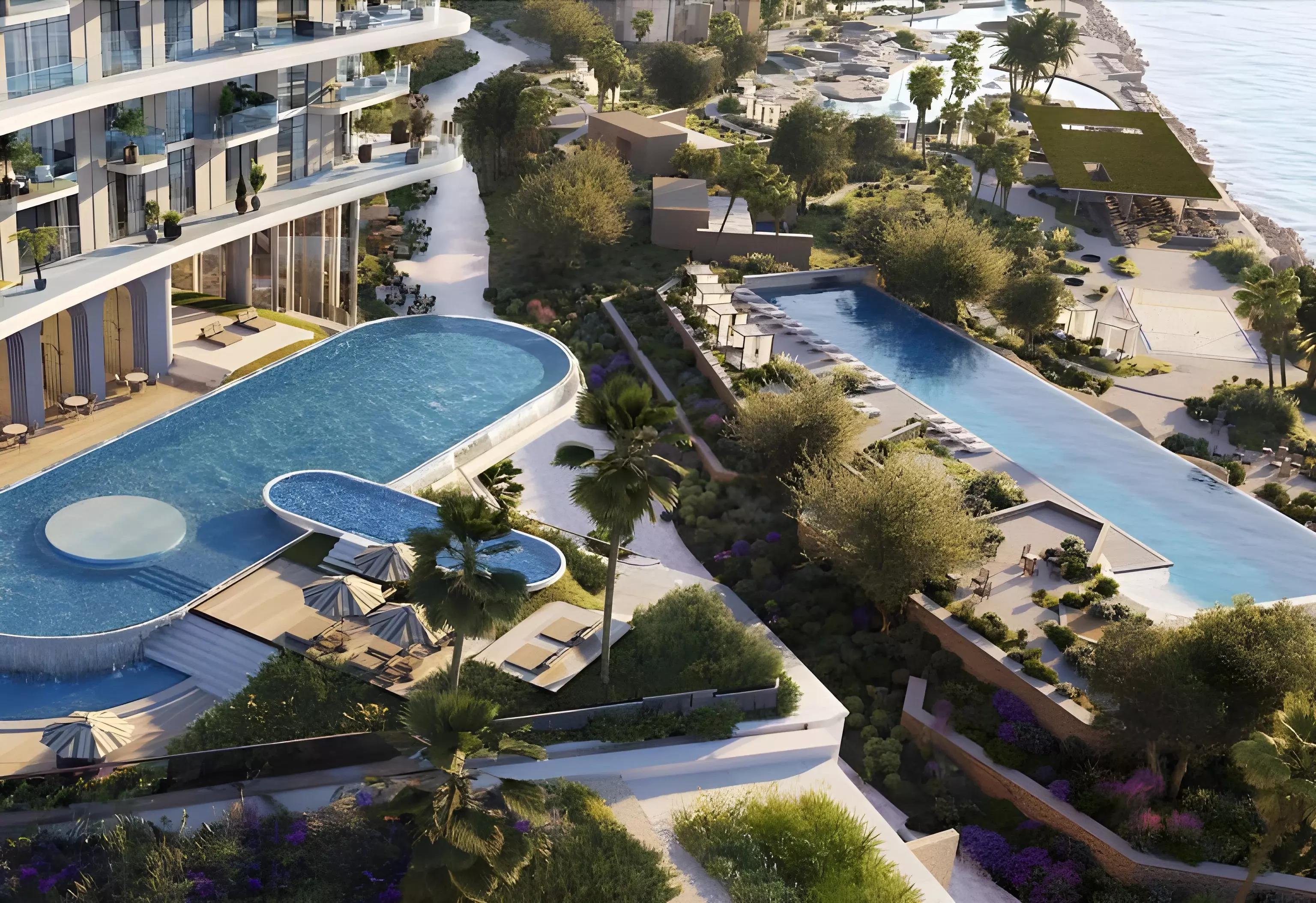 Sensia building amenity deck and pool area, Dubai Maritime City