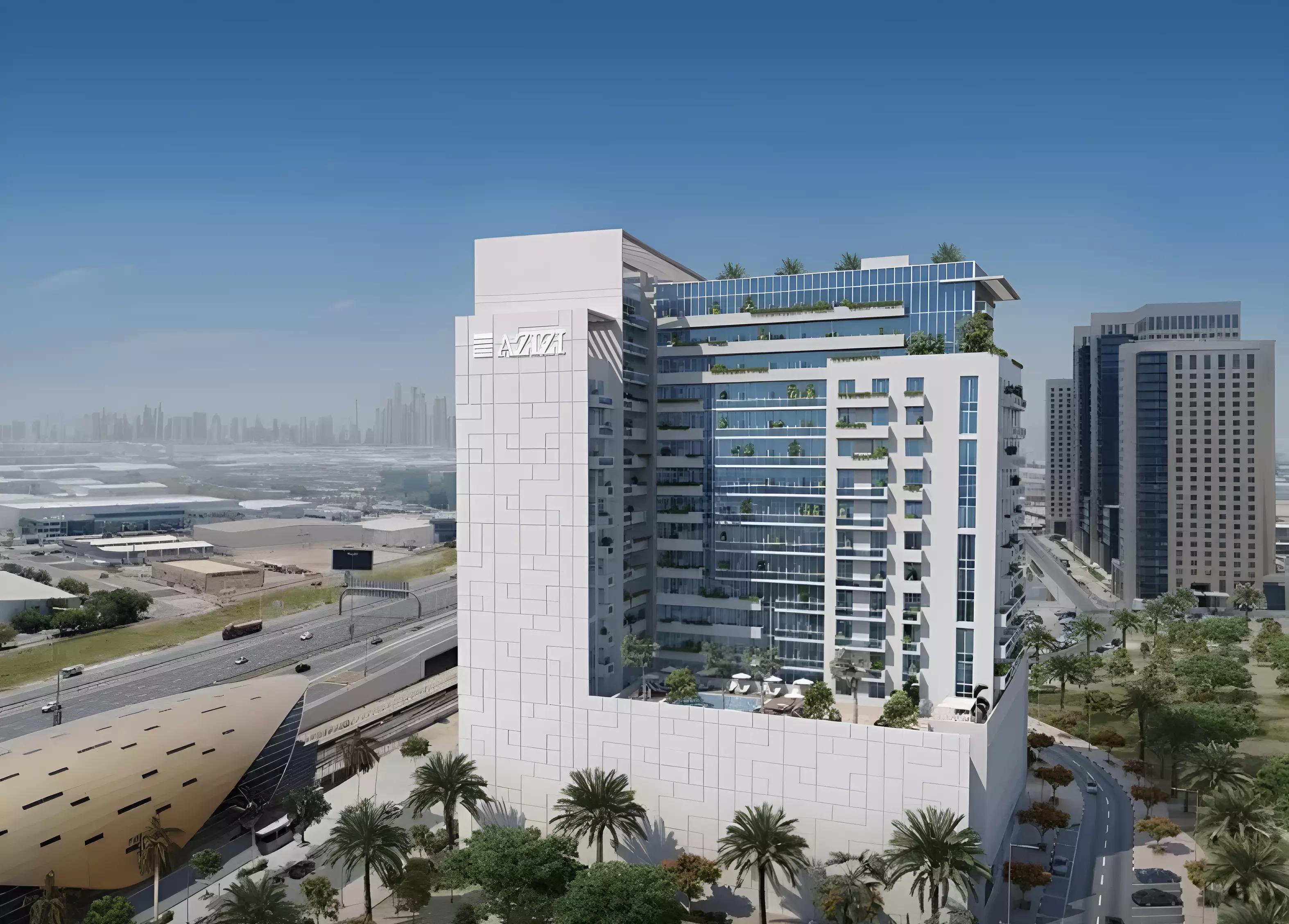 Azizi Aura Phase 2 landscaped gardens and pool area, Jebel Ali Village