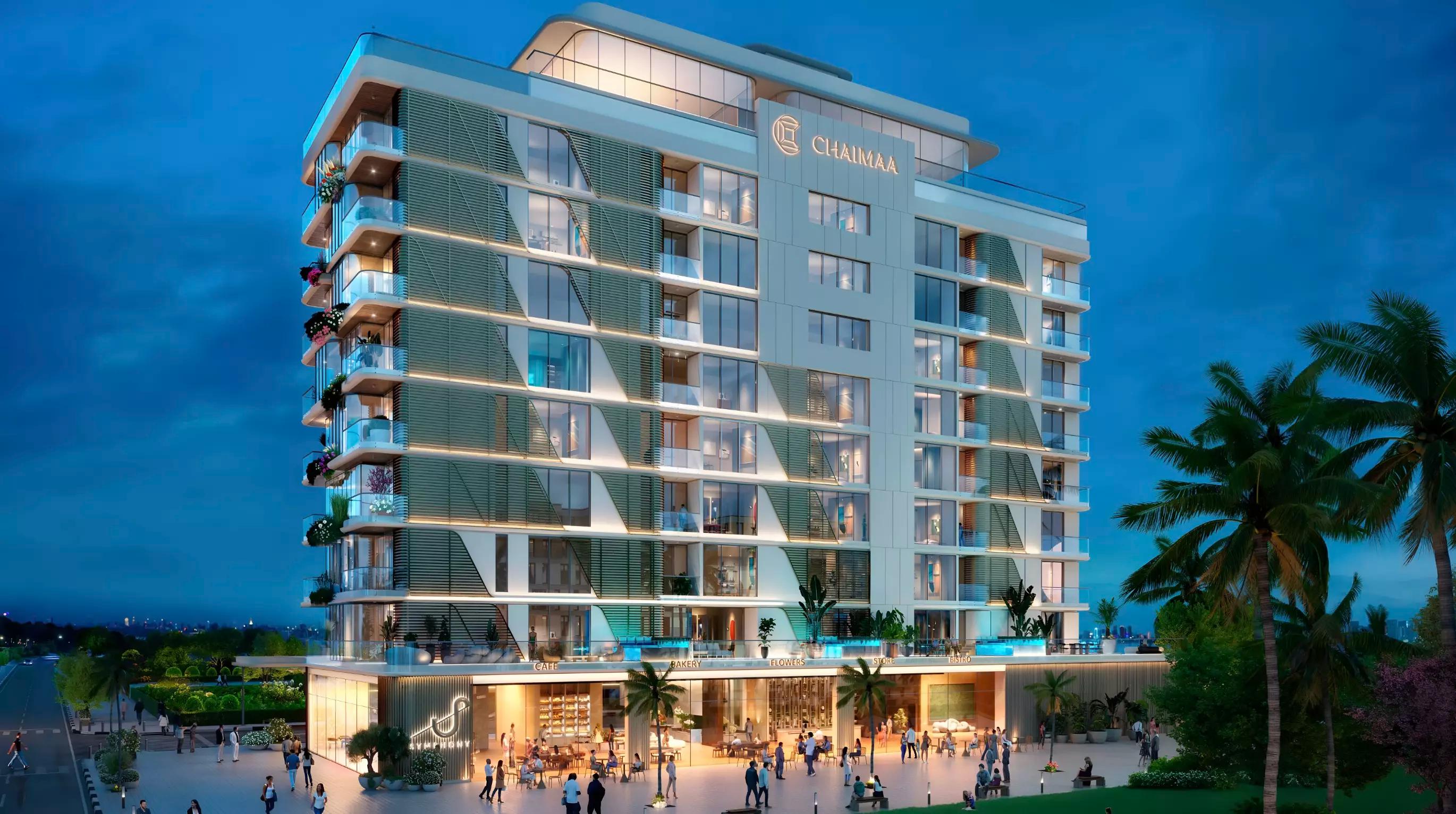 Exterior facade render of Symphony by Chaimaa tower in Majan, Dubai
