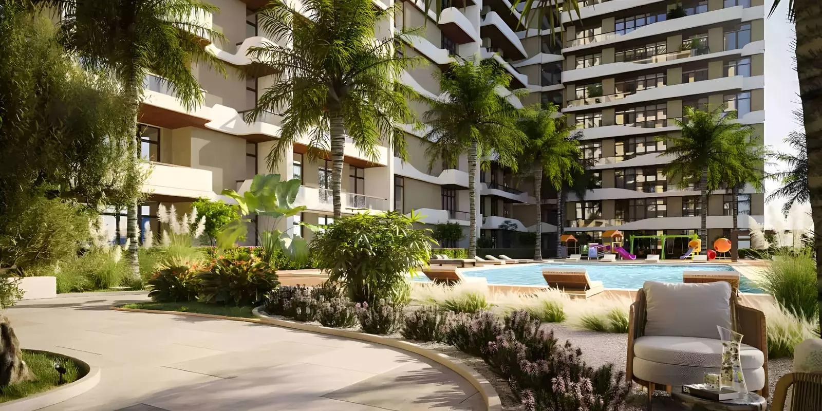 Helvetia Residences building entrance and driveway, JVC, Dubai