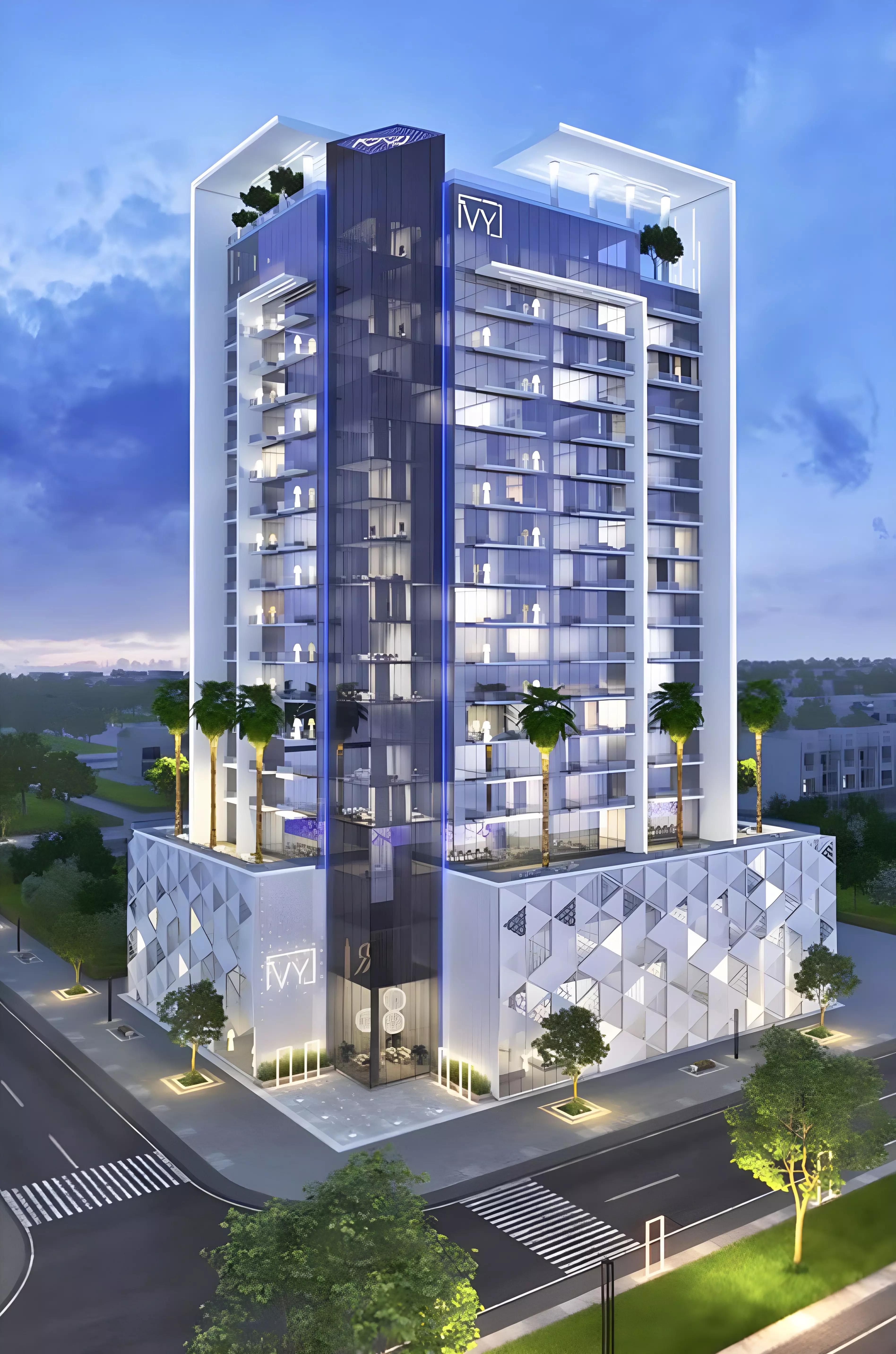 Street-level view of The Ivy residential building, District 5, Jumeirah Village Triangle