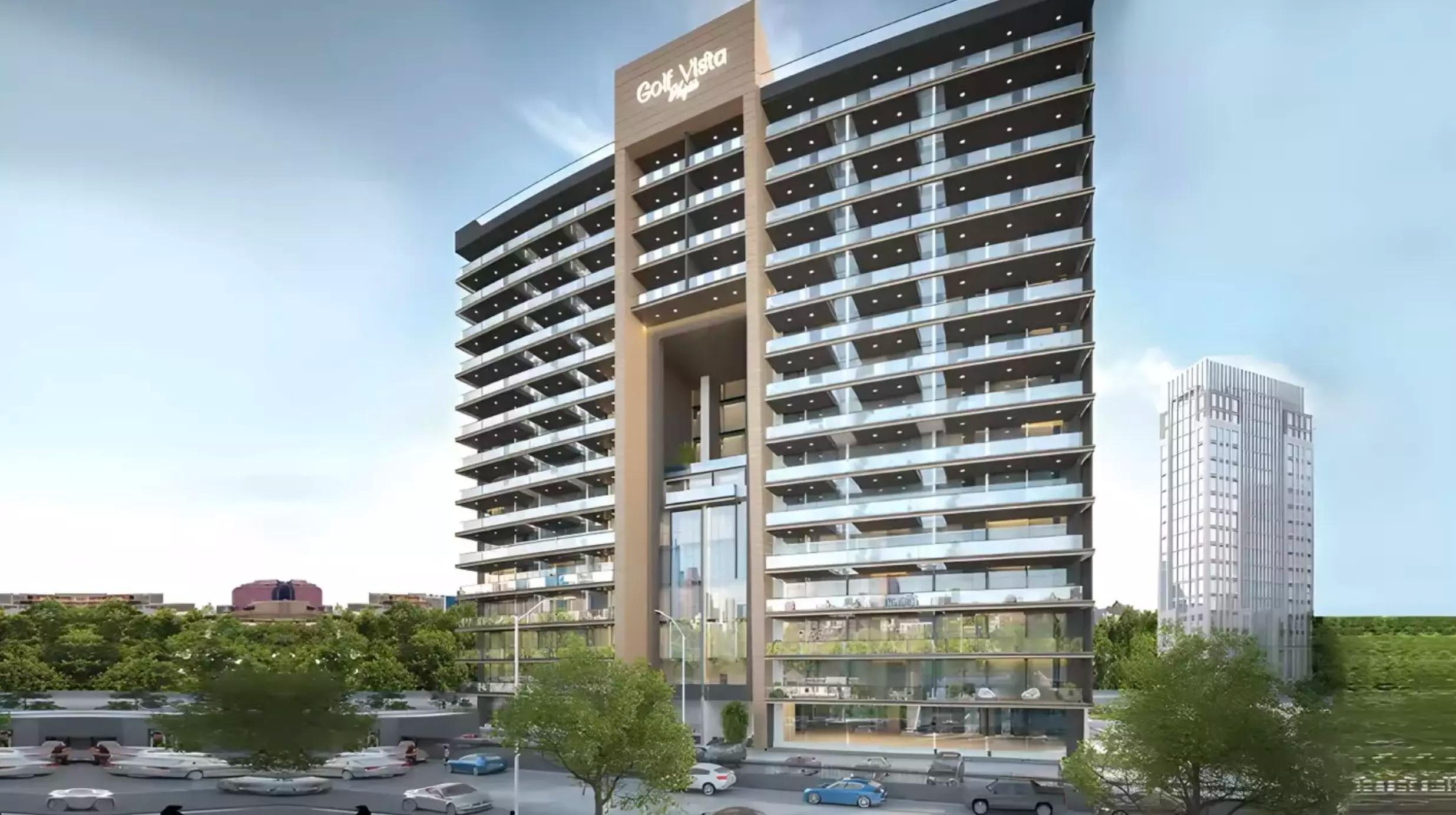 Golf Vista Heights building exterior in Dubai Sports City