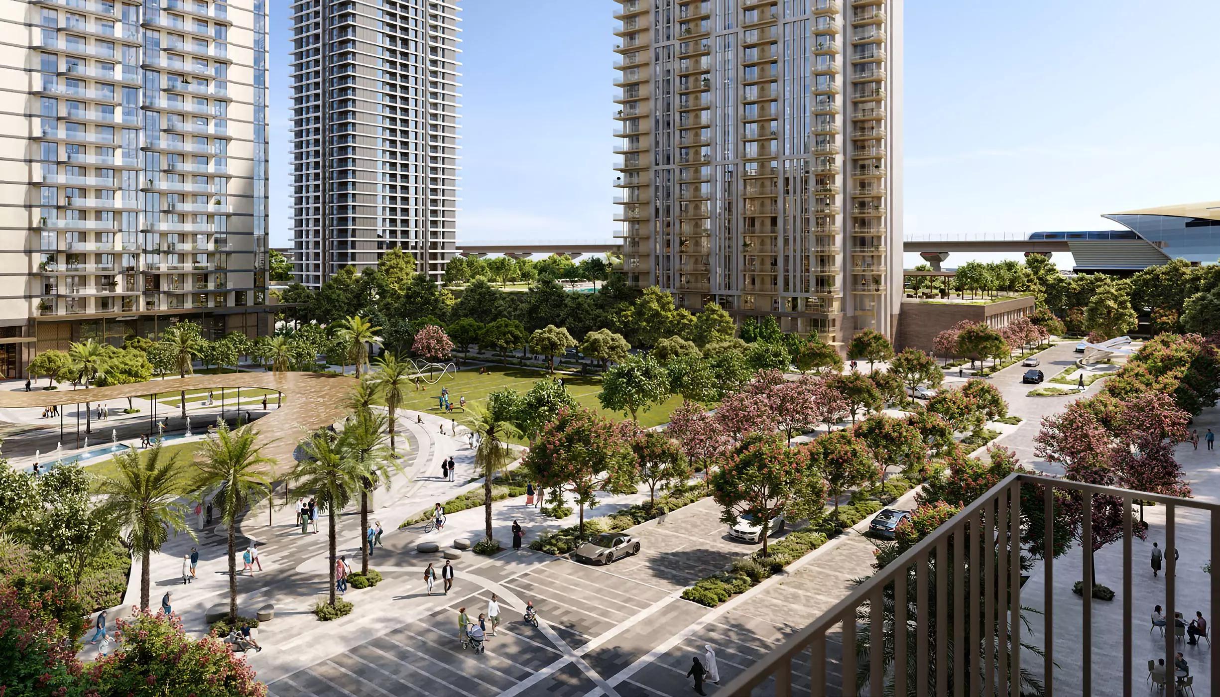 Oria residential tower facade with waterfront community views, Dubai Creek Harbour