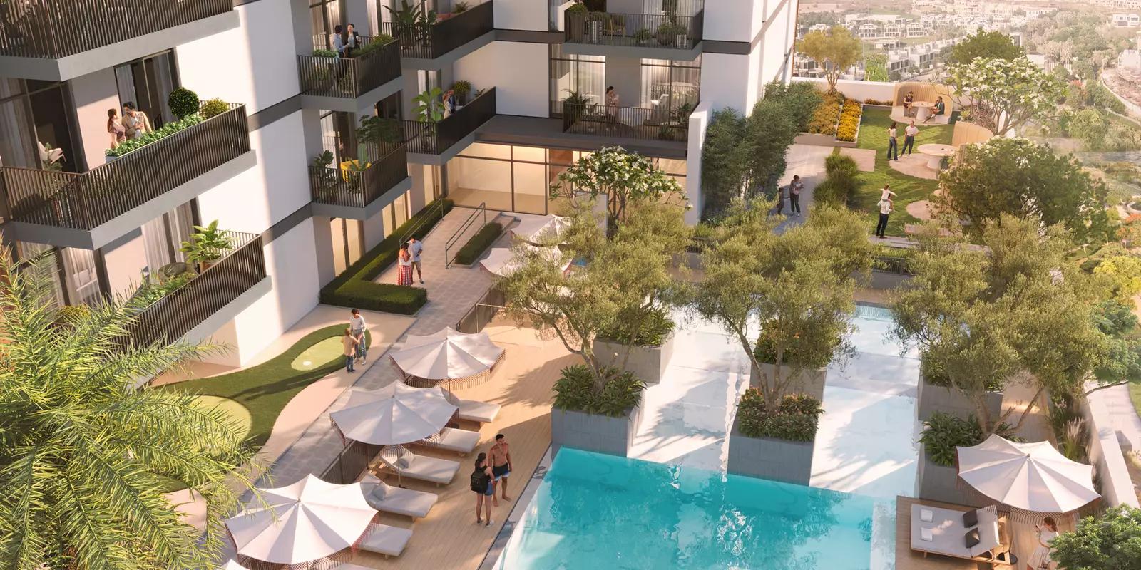 Hadley Heights residential tower street-level view, JVC, Dubai