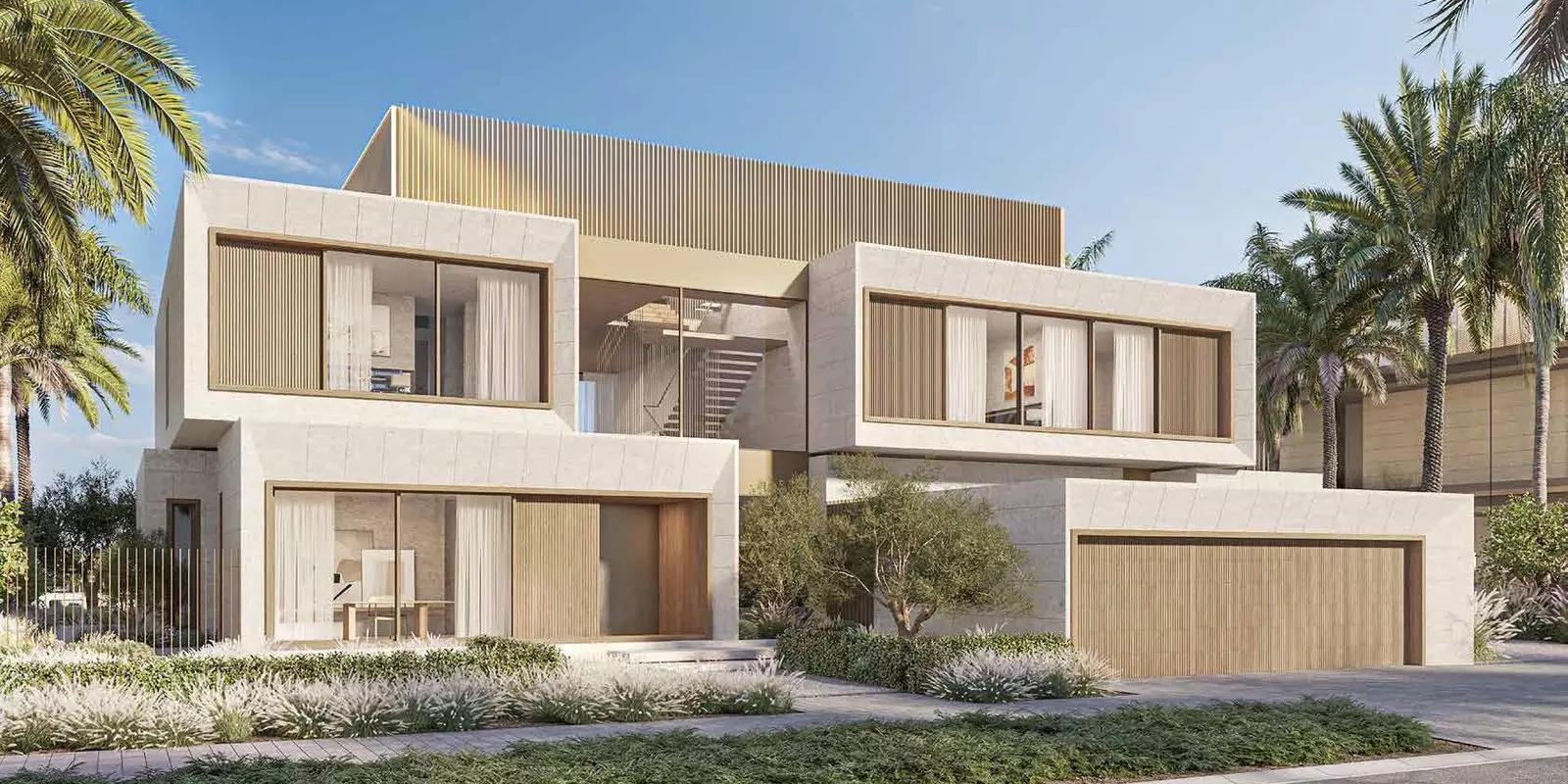 Coral Collection Villas beachfront elevation facing the shared pool, Palm Jebel Ali, Dubai