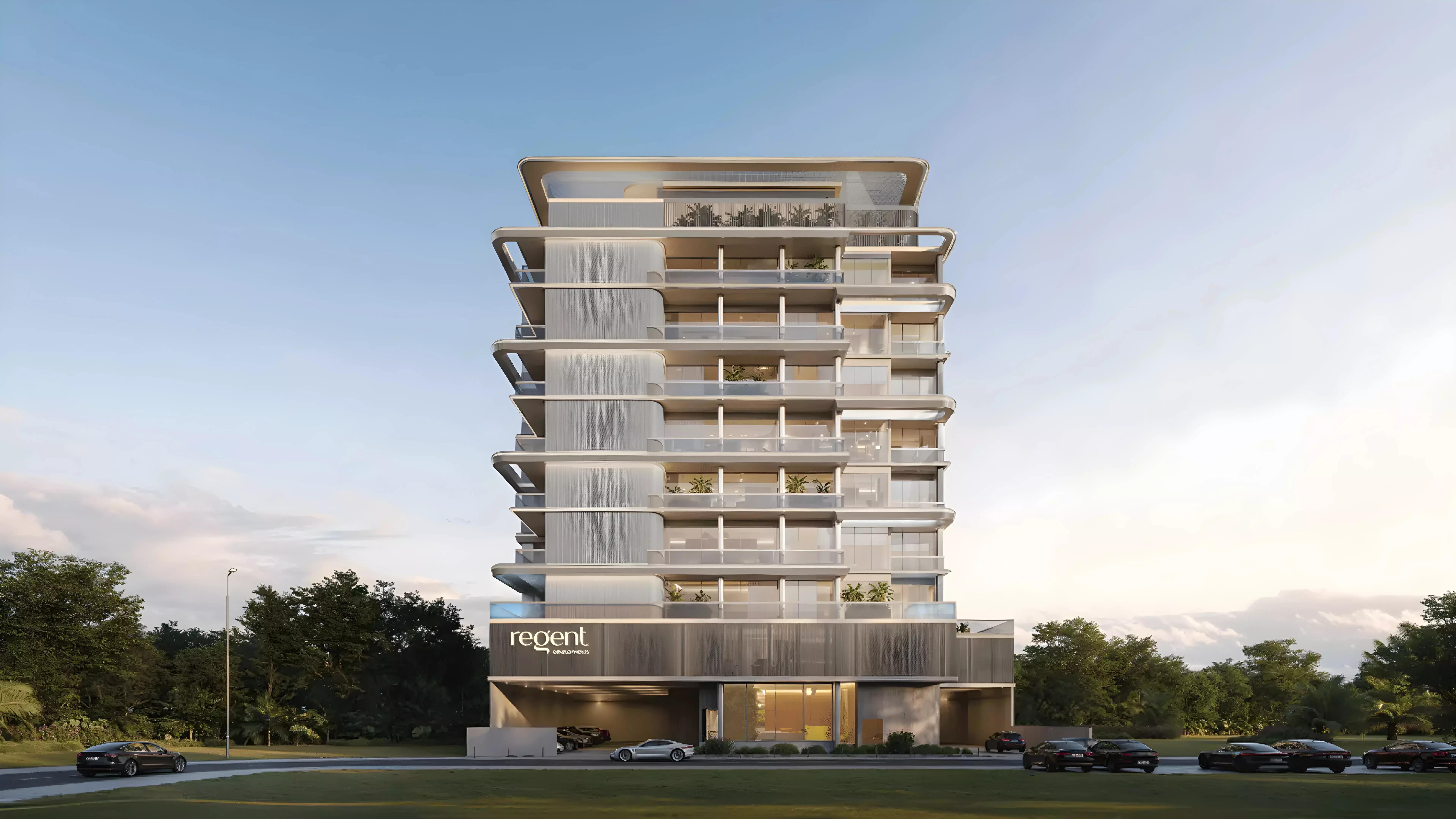 Golf Grove residential facade and landscaped grounds, Dubai Production City, Dubai