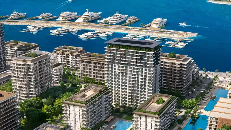 Seascape apartment building exterior with waterfront views, Mina Rashid, Dubai