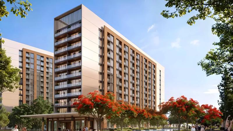 Exterior view of The Woods Serenity apartment building at Sobha Sanctuary, Dubai