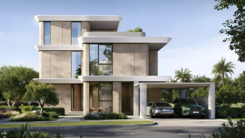 Farm Grove villa exterior with landscaped frontage, The Valley, Dubai