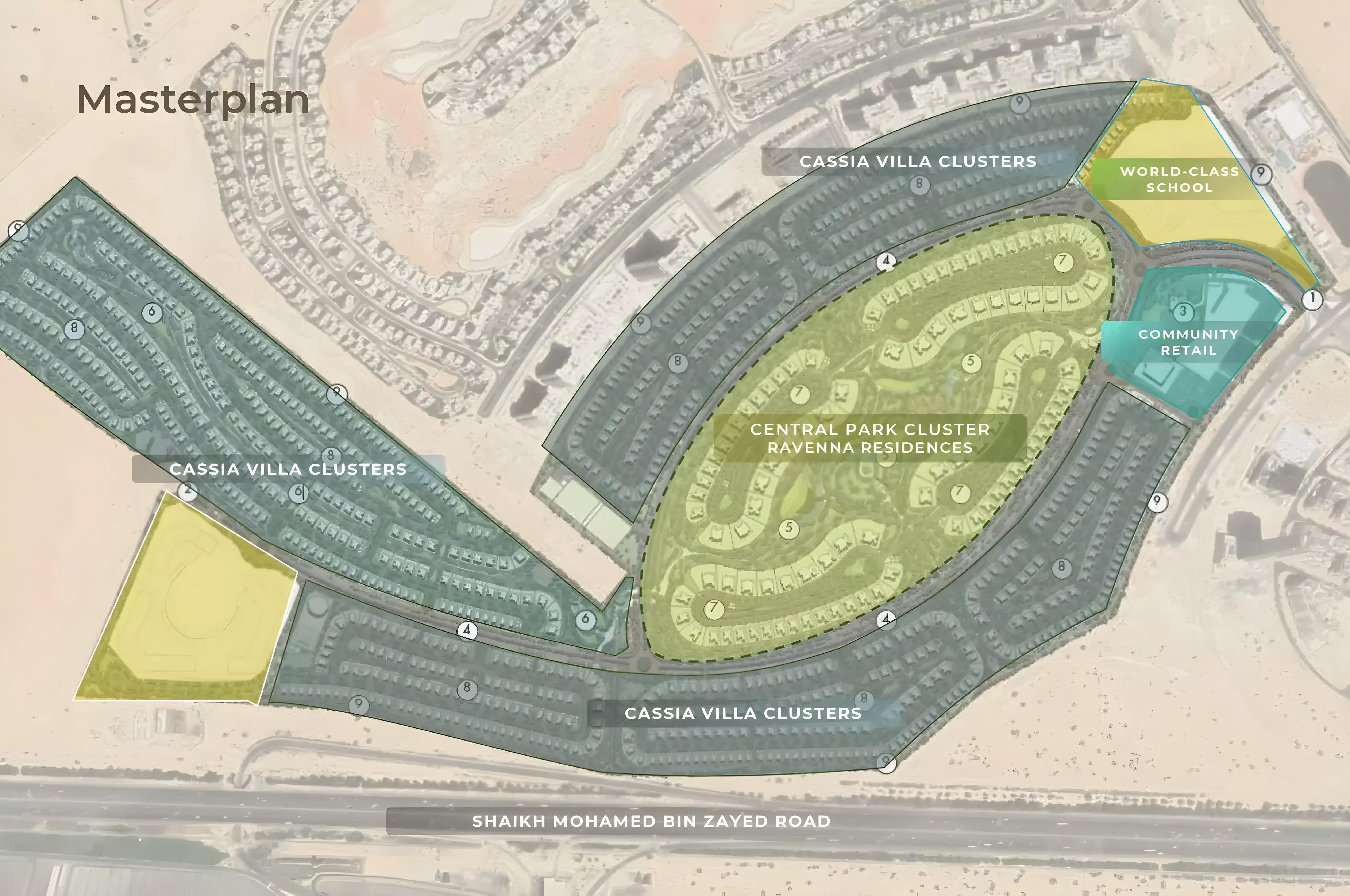 Cassia 3 master plan layout showing villa plots and landscaping at The Wilds by Aldar