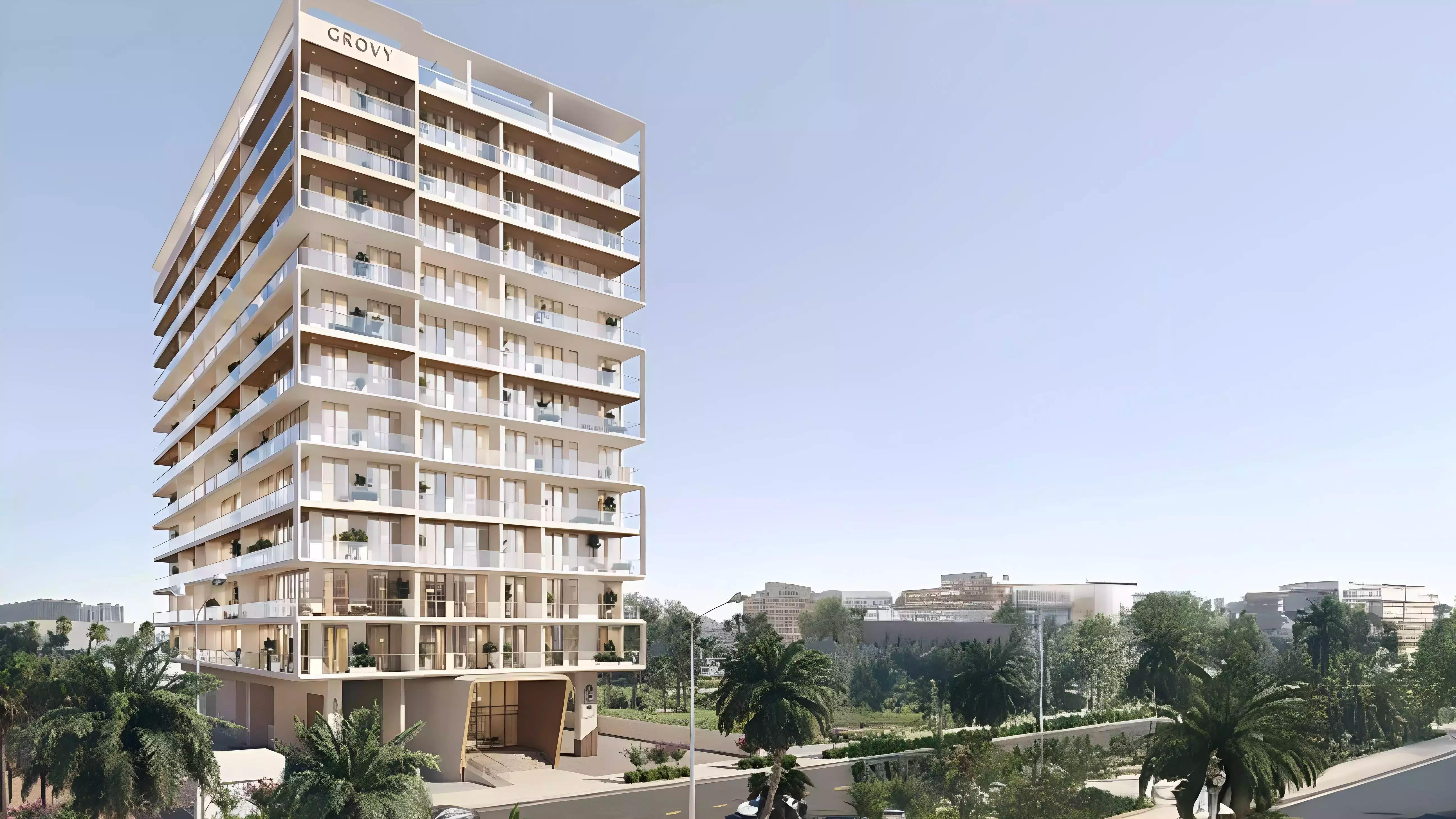 Rivo by Grovy exterior building facade, Dubai Land Residence Complex, Dubai