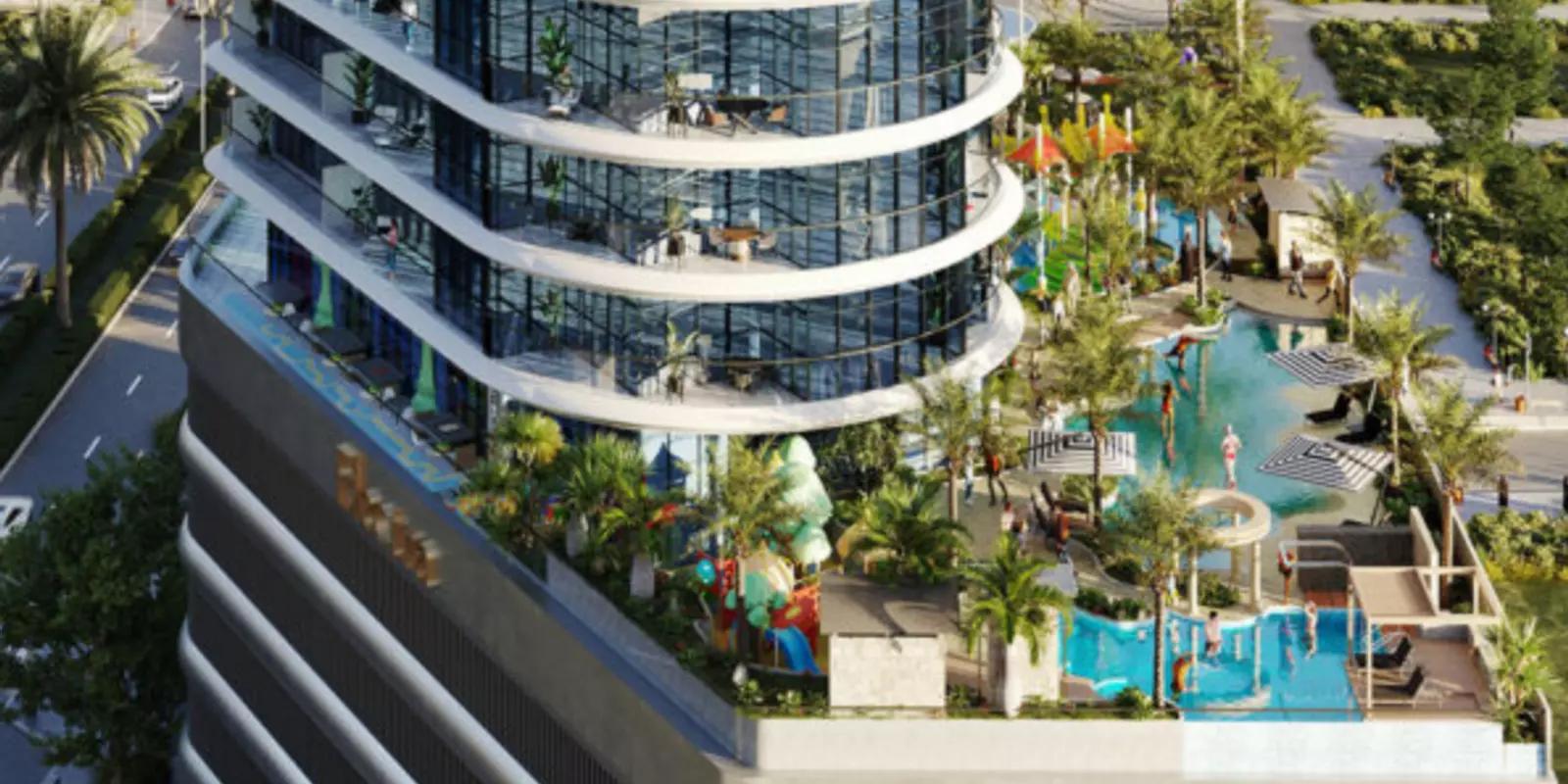 Electra facade and entrance view, Jumeirah Village Circle, Dubai