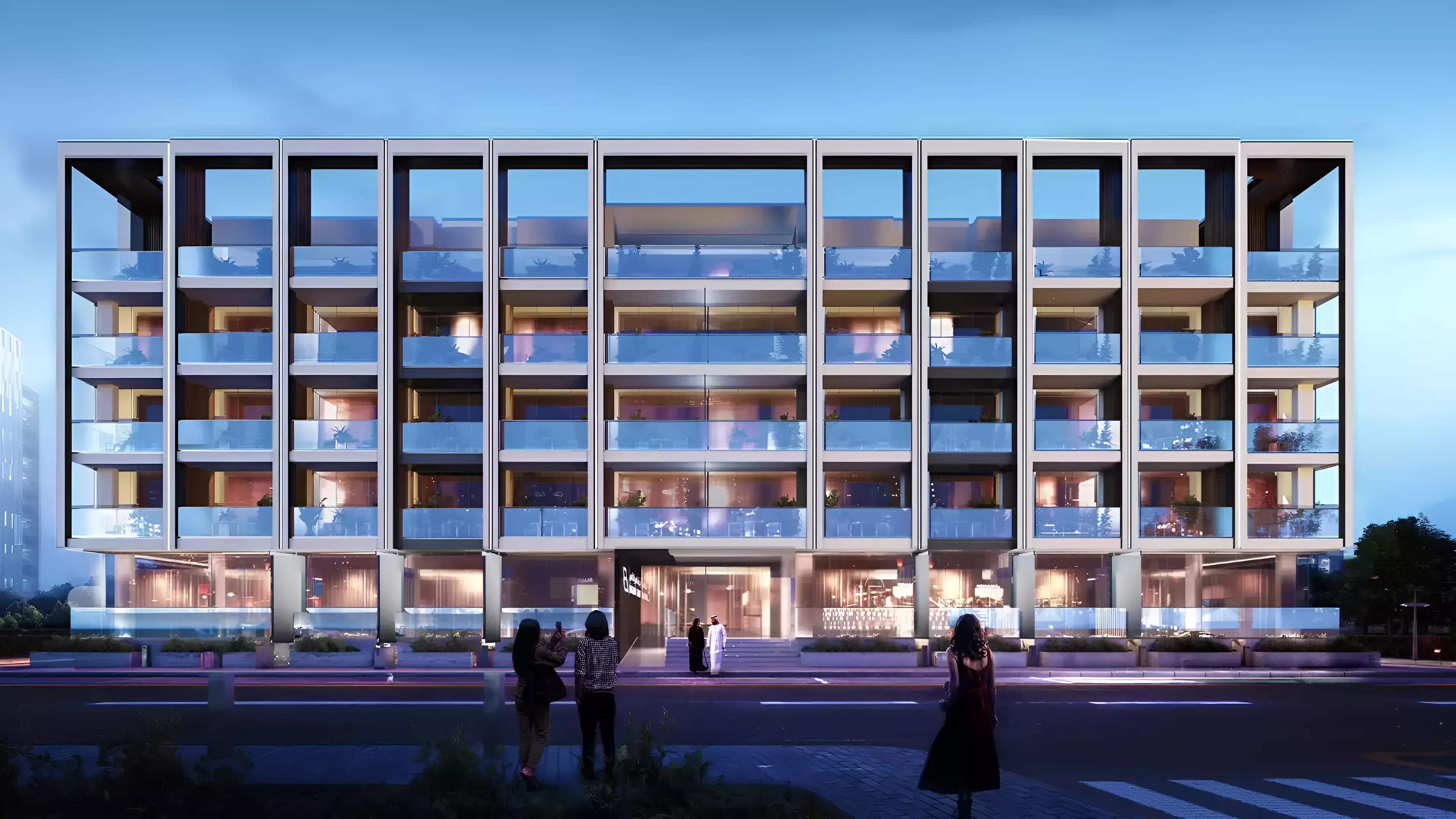 Exterior facade of Binghatti Galaxy apartment tower in Jumeirah Village Circle, Dubai